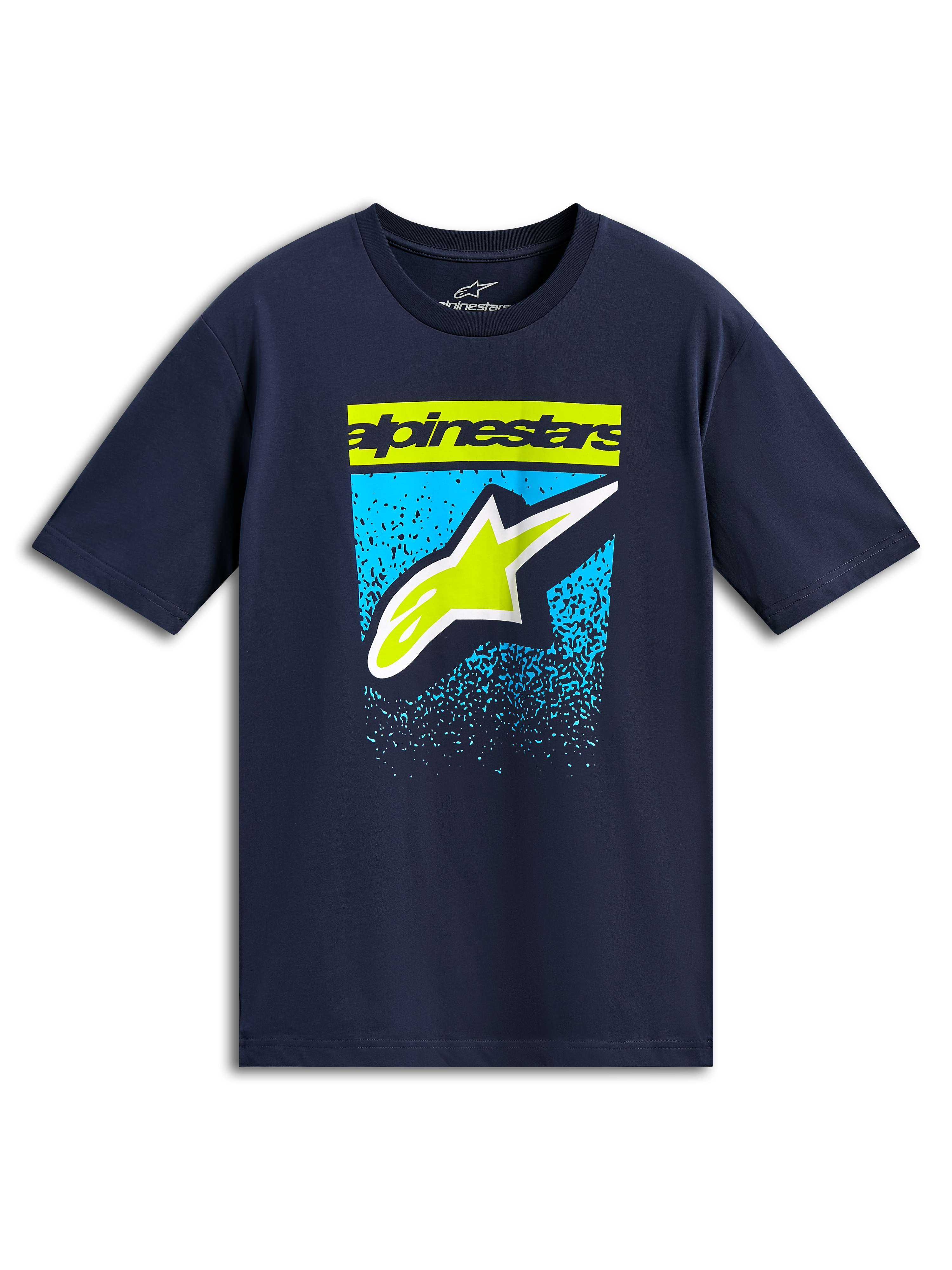 Alpinestars Noka CSF Tee, kurzärmeliges T-Shirt, Navyblau, limettengrüner Schriftzug und Astars-Logo mit blauer Grafik mit Farbverlauf, lässige Motorsport-Streetwear