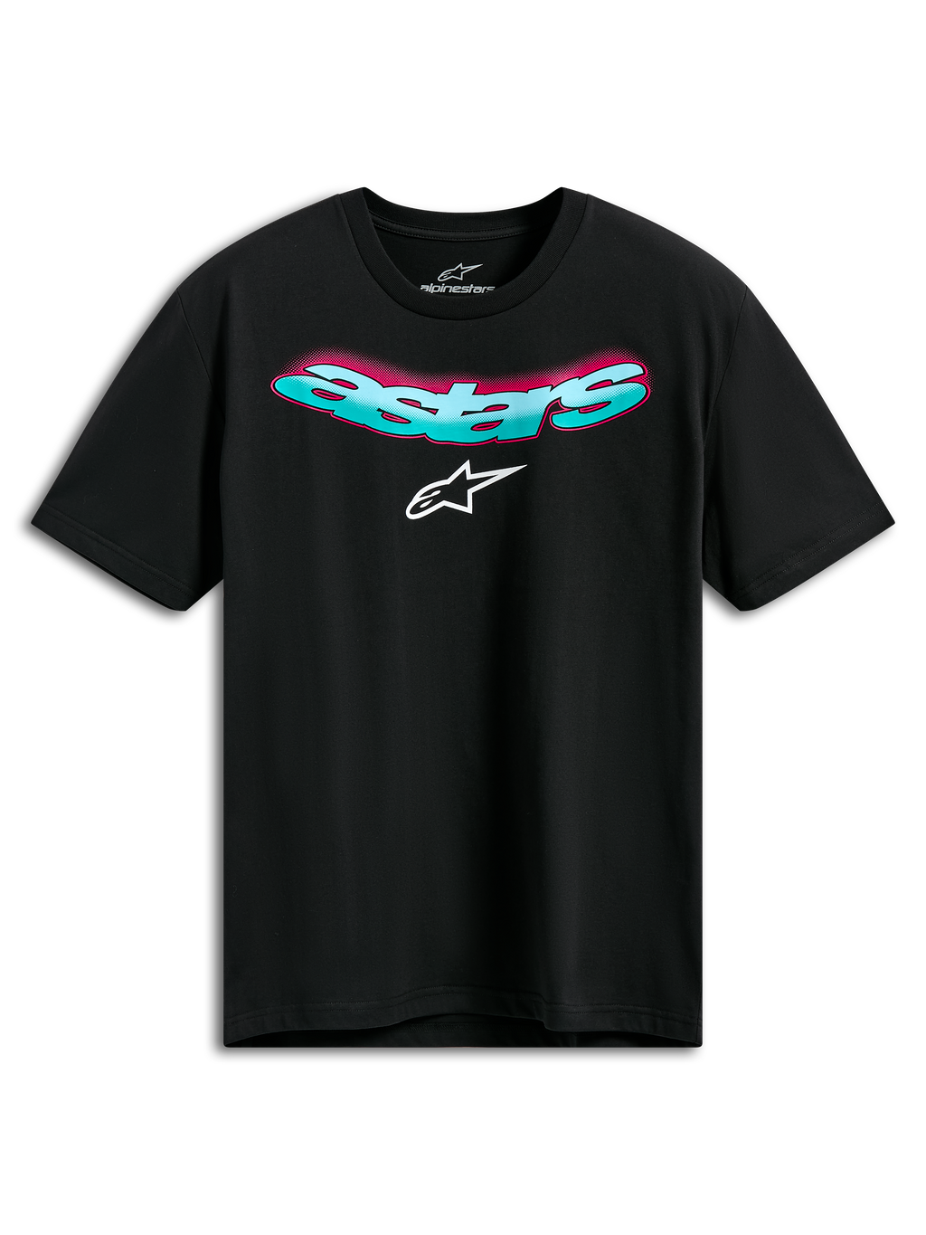 Alpinestars Ellipsoid CSF Tee, kurzärmeliges T-Shirt, Schwarz, gebogener türkisfarbener Astars-Schriftzug mit rosa Farbverlauf und weißem Logo, Casual Motorsport Sportswear