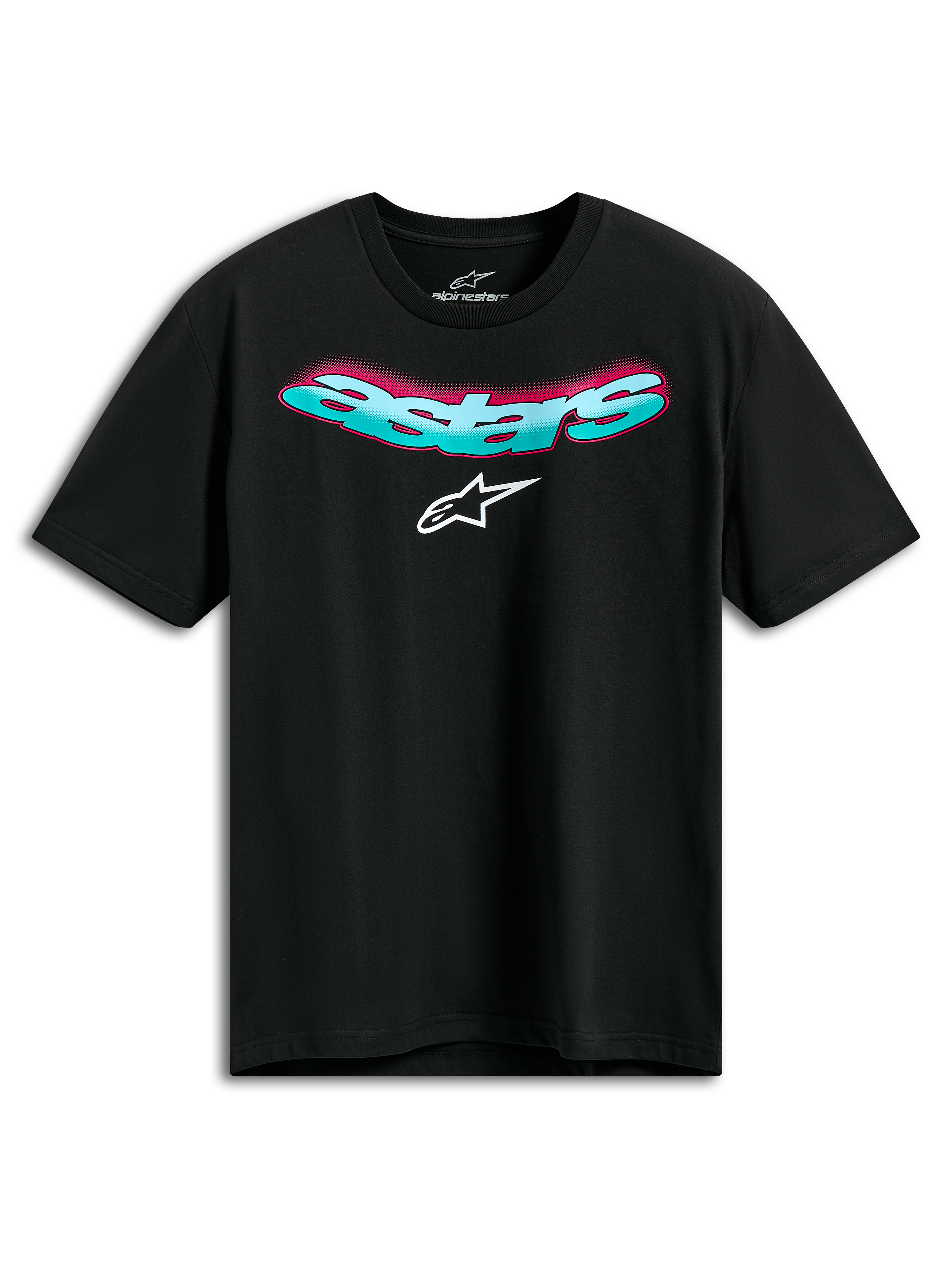 Alpinestars Ellipsoid CSF Tee, kurzärmeliges T-Shirt, Schwarz, gebogener türkisfarbener Astars-Schriftzug mit rosa Farbverlauf und weißem Logo, Casual Motorsport Sportswear
