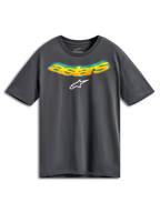 Alpinestars Ellipsoid CSF Tee, Kurzarm-T-Shirt, Anthrazitgrau, vorne gebogener Astars-Schriftzug mit orangefarbenem und gelbem Farbverlauf sowie blauen Halbtondetails, weißes Alpinestars-Logo, lässige Sportbekleidung