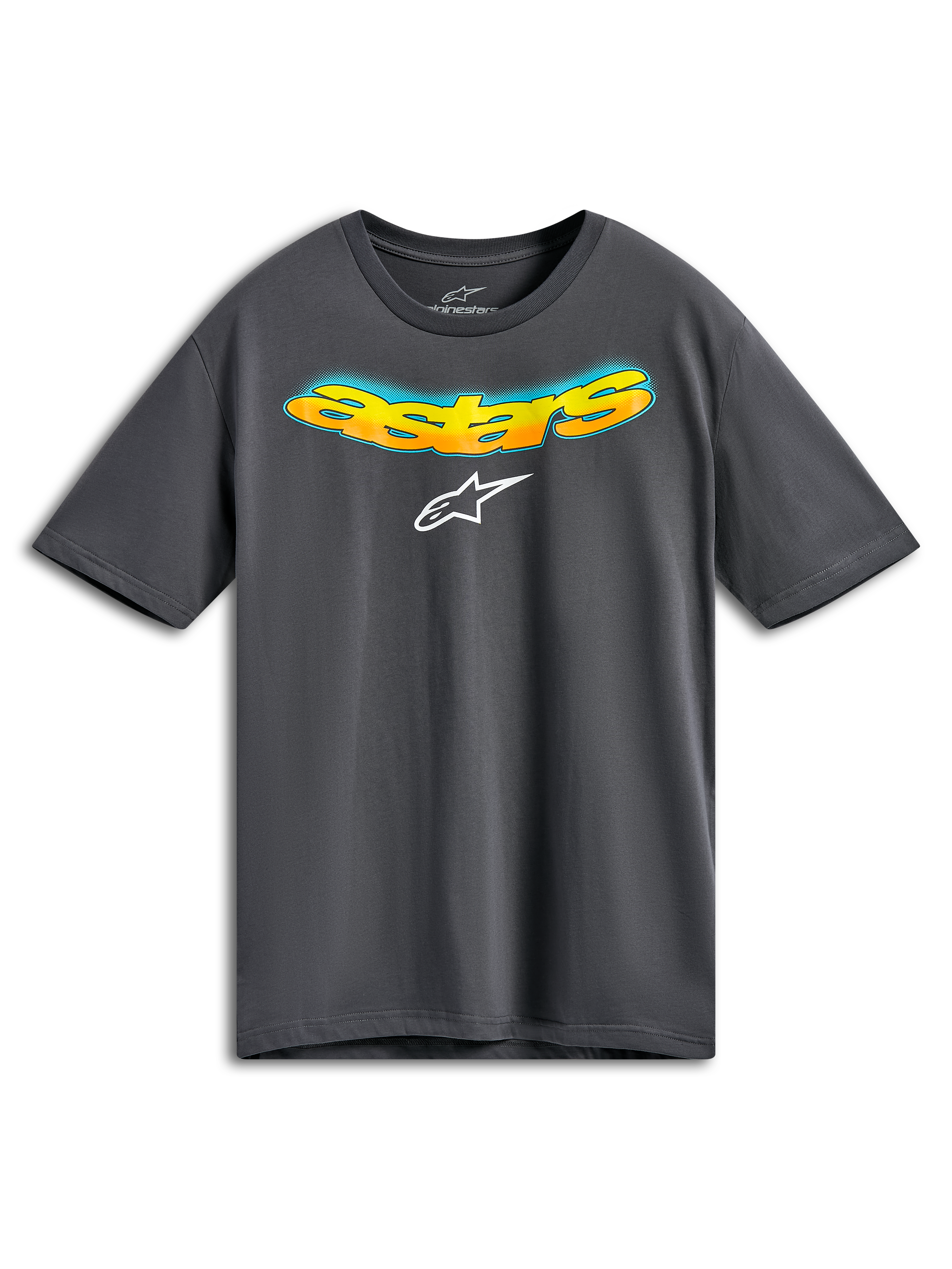 Alpinestars Ellipsoid CSF Tee, Kurzarm-T-Shirt, Anthrazitgrau, vorne gebogener Astars-Schriftzug mit orangefarbenem und gelbem Farbverlauf sowie blauen Halbtondetails, weißes Alpinestars-Logo, lässige Sportbekleidung