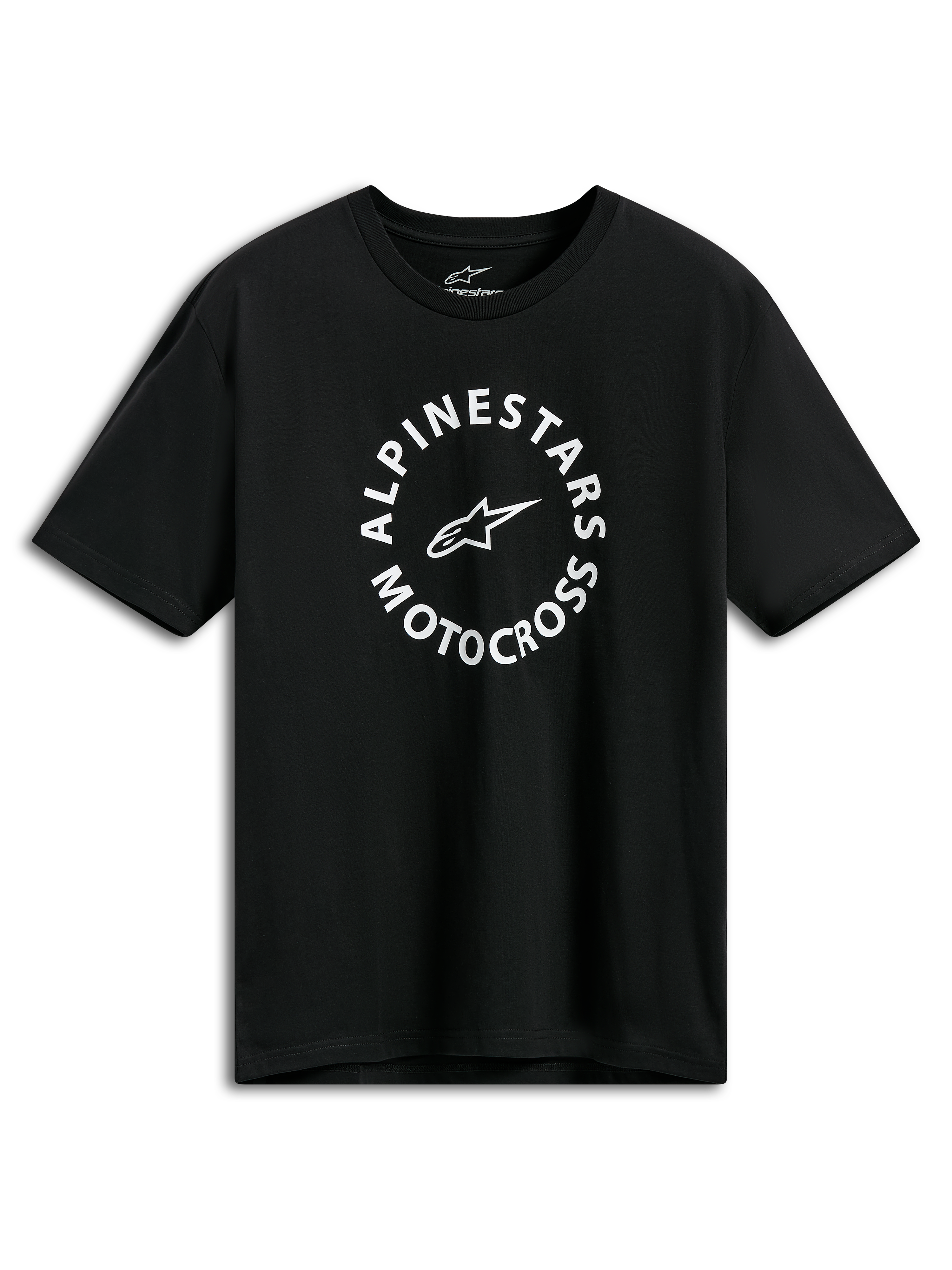 Alpinestars MX CSF Tee, Kurzarm-T-Shirt, Schwarz, weiße kreisförmige Alpinestars Motocross-Grafik, Casual Motorsport Streetwear