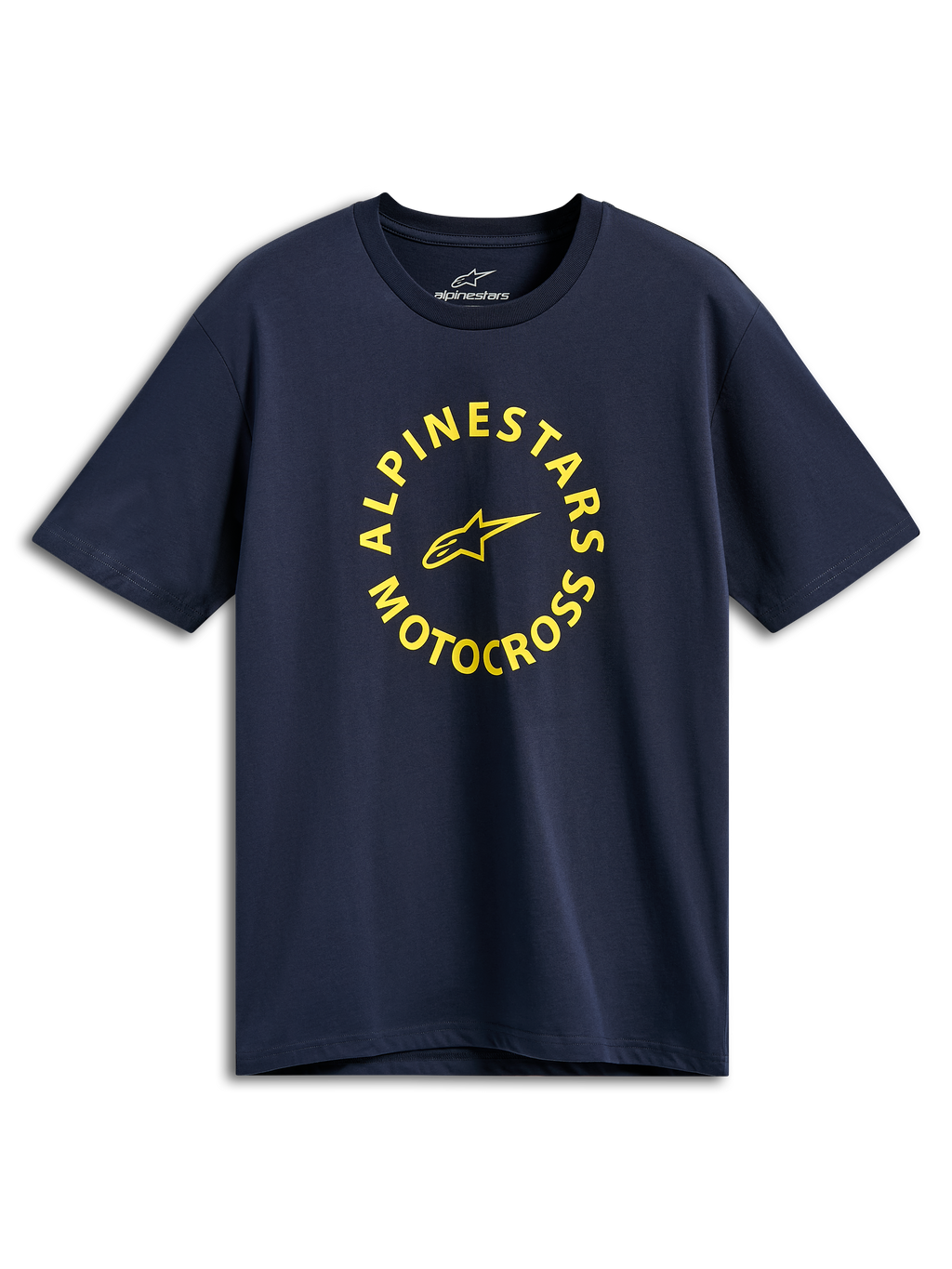 Alpinestars MX CSF Tee, Kurzarm-T-Shirt, Navy Blau, gelbe kreisförmige Alpinestars Motocross-Grafik, lässige Motorsport-Streetwear