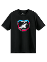 Alpinestars Plate CSF Tee, Kurzarm-T-Shirt, Schwarz, MX-Plattengrafik auf der Vorderseite mit weißem Stern-Logo und blauen und pinkfarbenen Akzenten, lässige Motorsport-Sportbekleidung
