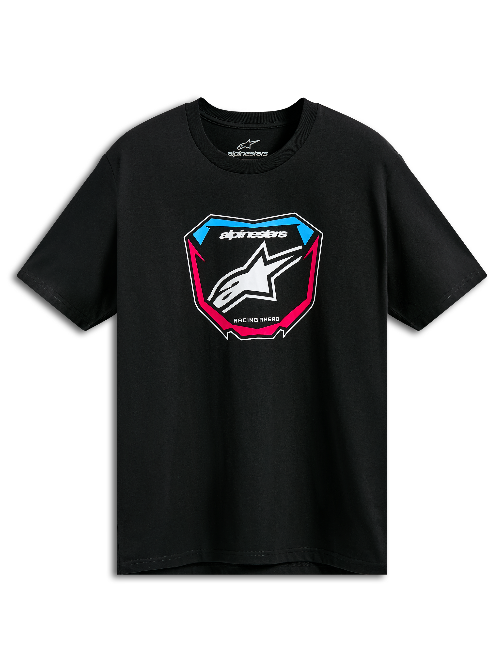 Alpinestars Plate CSF Tee, Kurzarm-T-Shirt, Schwarz, MX-Plattengrafik auf der Vorderseite mit weißem Stern-Logo und blauen und pinkfarbenen Akzenten, lässige Motorsport-Sportbekleidung