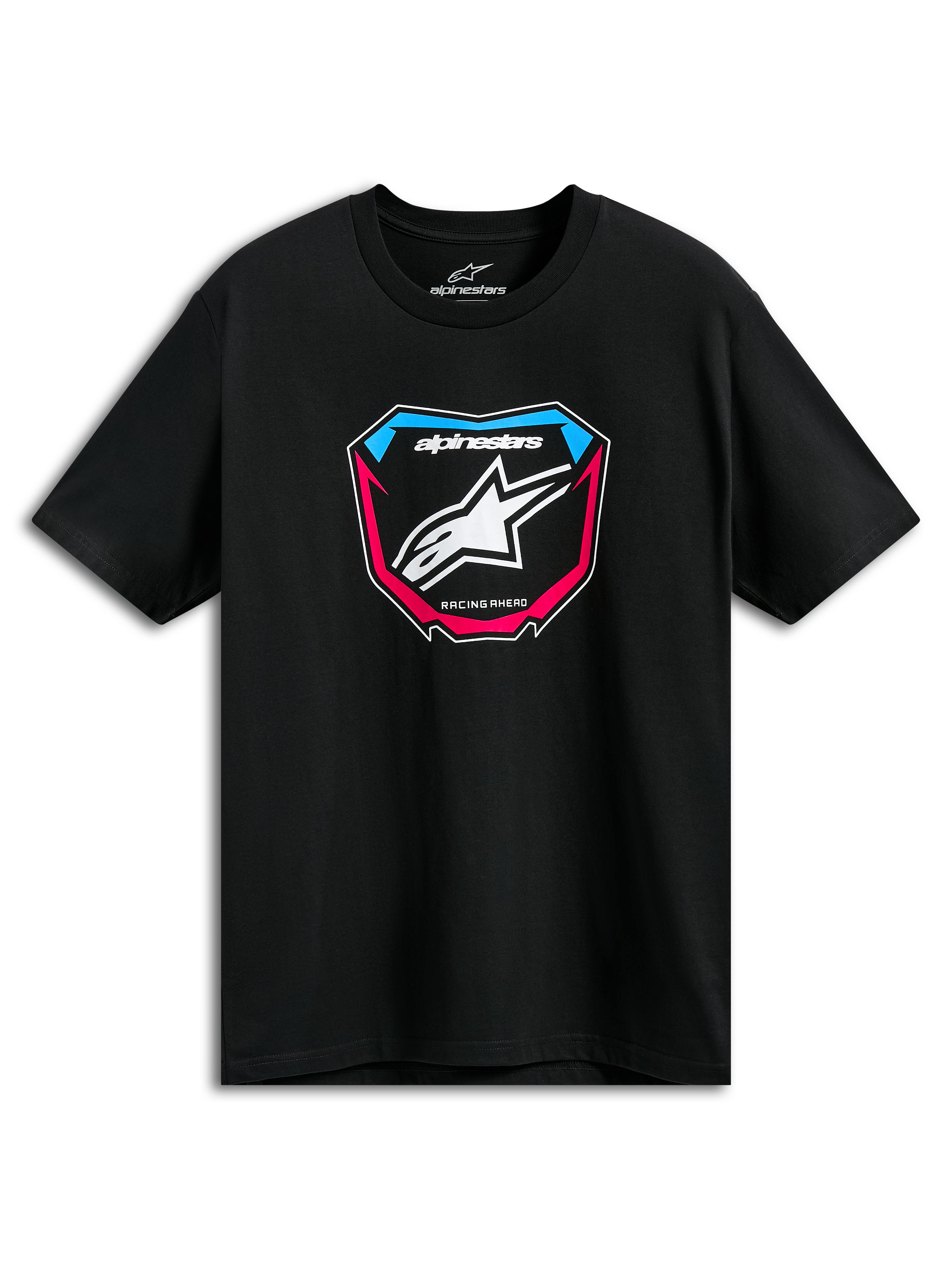 Alpinestars Plate CSF Tee, Kurzarm-T-Shirt, Schwarz, MX-Plattengrafik auf der Vorderseite mit weißem Stern-Logo und blauen und pinkfarbenen Akzenten, lässige Motorsport-Sportbekleidung