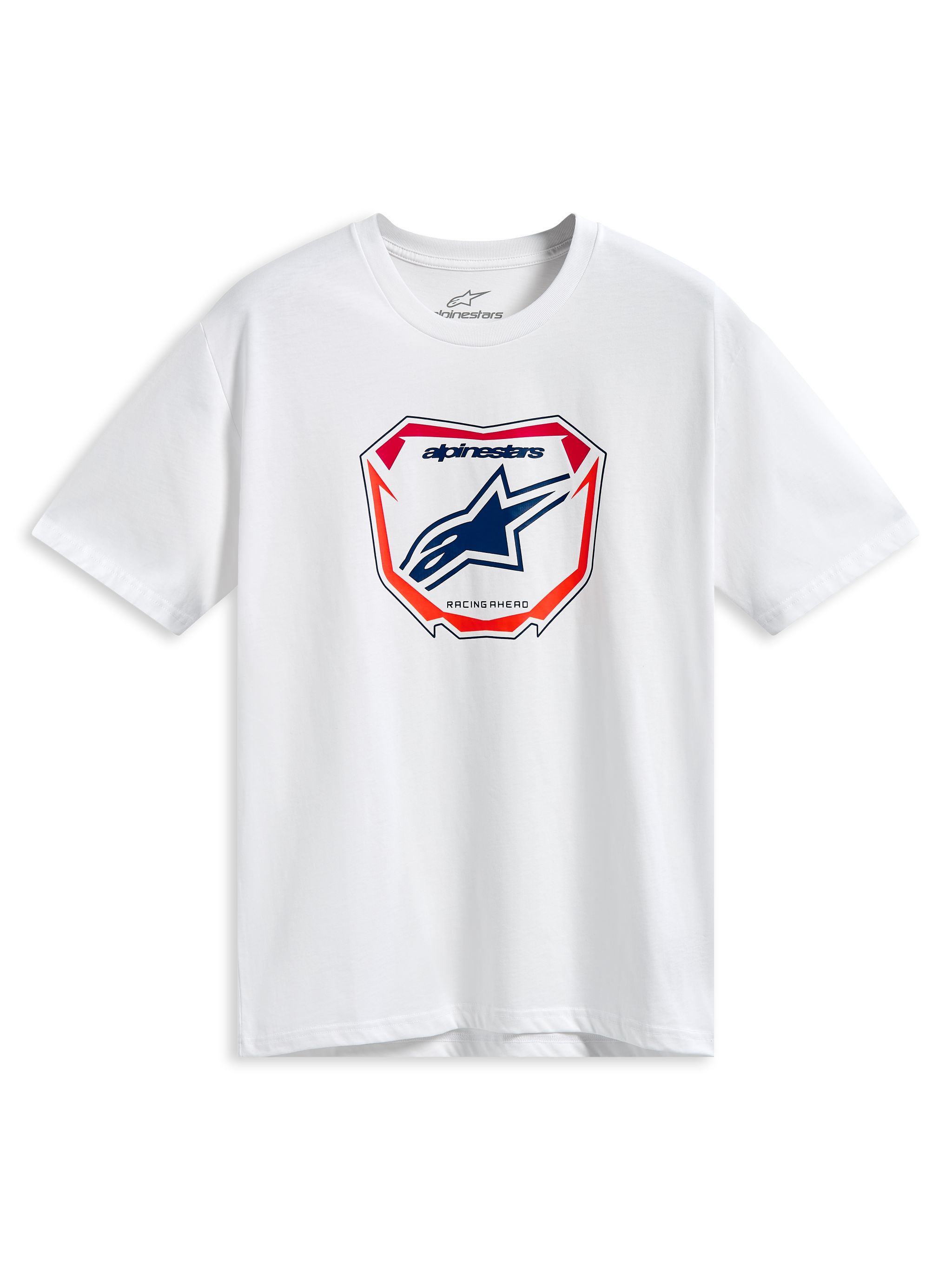 Alpinestars Plate CSF Tee, Kurzarm-T-Shirt, Weiß, zentrale MX-Plattengrafik mit blauem Astars-Logo sowie roten und orangefarbenen Akzenten, lässige Motorsport-Streetwear