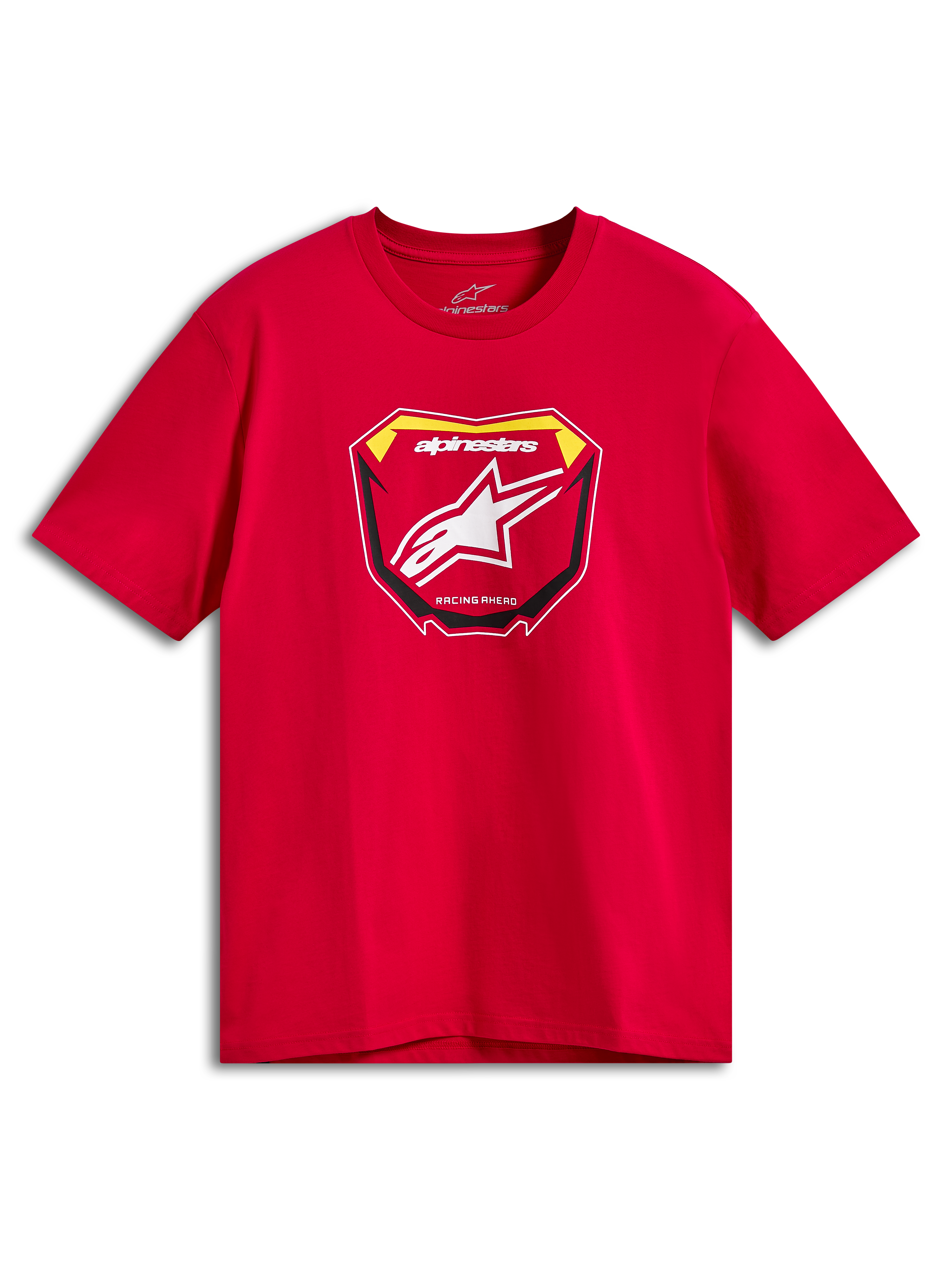 Alpinestars Plate CSF Tee, Kurzarm-T-Shirt, Rot, MX-Platten-Grafik auf der Vorderseite mit weißem Astars-Logo und „Racing Ahead“-Schriftzug, lässige Motorsport-Sportbekleidung
