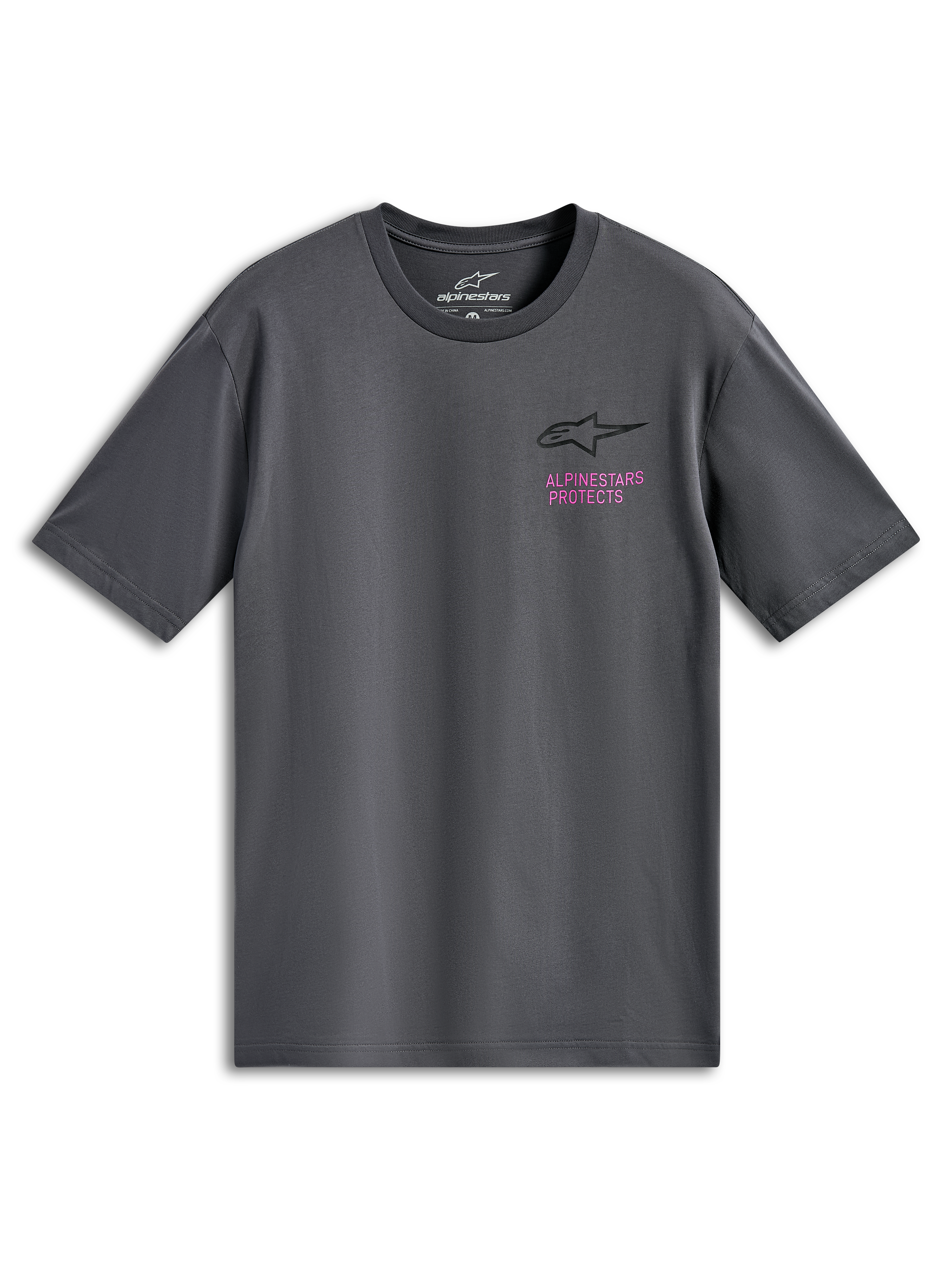 Alpinestars Pop Helmet CSF Tee, Kurzarm-T-Shirt, Anthrazitgrau, schwarzes Astars-Logo mit pinkfarbenem „Alpinestars Protects“-Schriftzug auf der Brust, lässige Motorsport-Streetwear