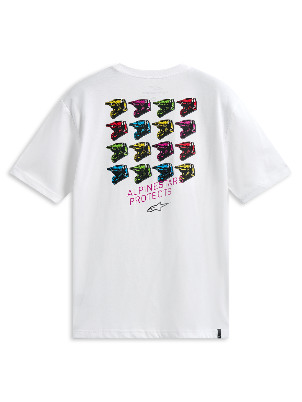 Alpinestars Pop Helmet CSF T-Shirt, Kurzarm-T-Shirt, Weiß, Rückansicht mit einem Raster aus mehrfarbigen M10-Helmen und „ALPINESTARS PROTECTS“-Schriftzug, lässige vom Motorsport inspirierte Streetwear