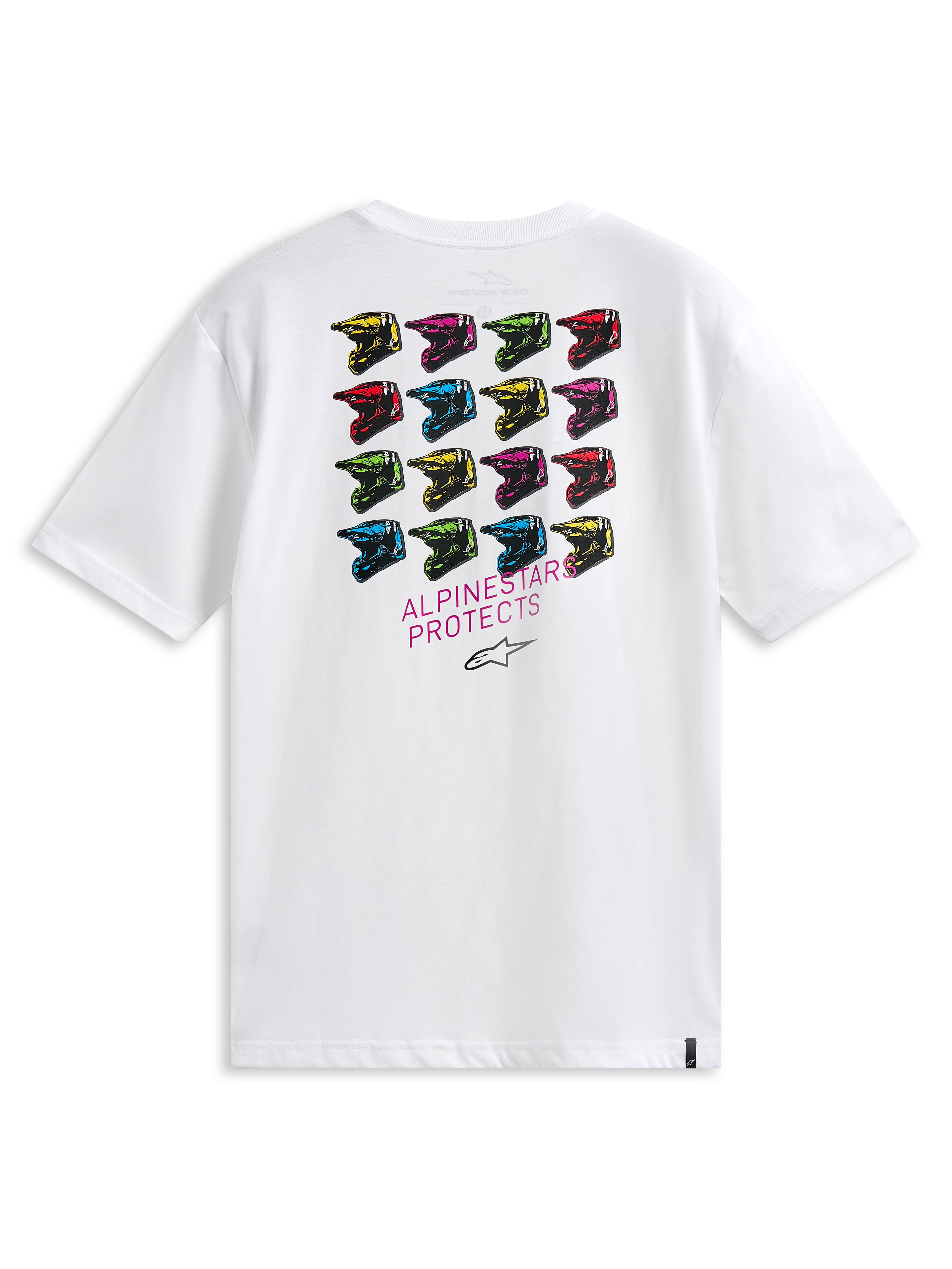 Alpinestars Pop Helmet CSF T-Shirt, Kurzarm-T-Shirt, Weiß, Rückansicht mit einem Raster aus mehrfarbigen M10-Helmen und „ALPINESTARS PROTECTS“-Schriftzug, lässige vom Motorsport inspirierte Streetwear