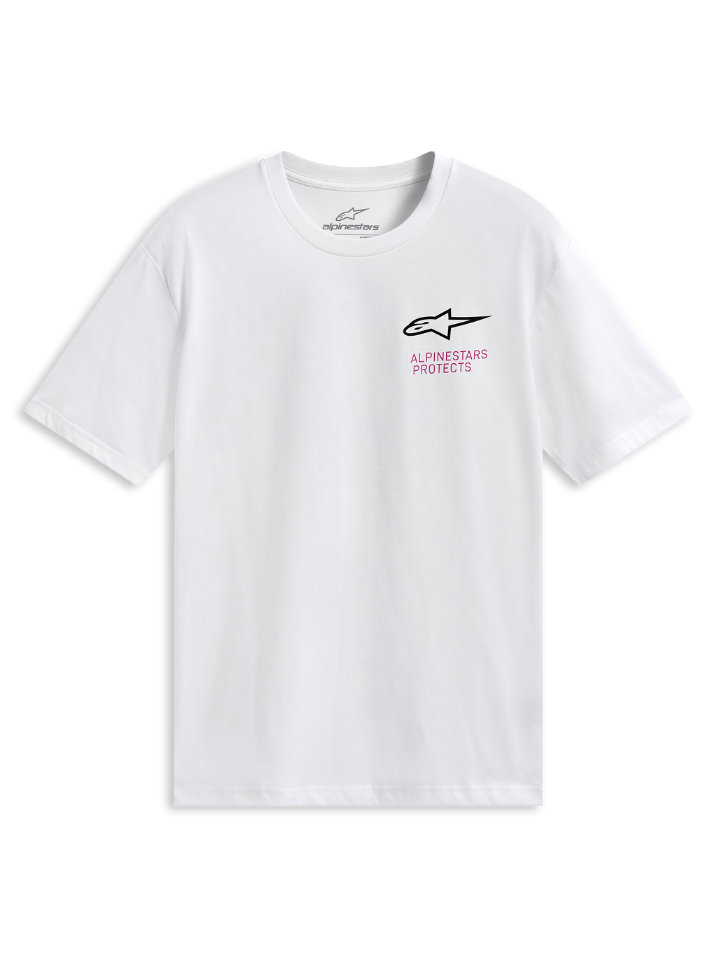 Alpinestars Pop Helmet CSF Tee, Kurzarm-T-Shirt, Weiß, mit Astars-Logo auf der Vorderseite und farbenfroher M10-Helm-Grafik auf der Rückseite, lässige Motorsport-Sportbekleidung