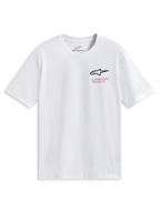 Alpinestars Pop Helmet CSF Tee, Kurzarm-T-Shirt, Weiß, mit Astars-Logo auf der Vorderseite und farbenfroher M10-Helm-Grafik auf der Rückseite, lässige Motorsport-Sportbekleidung