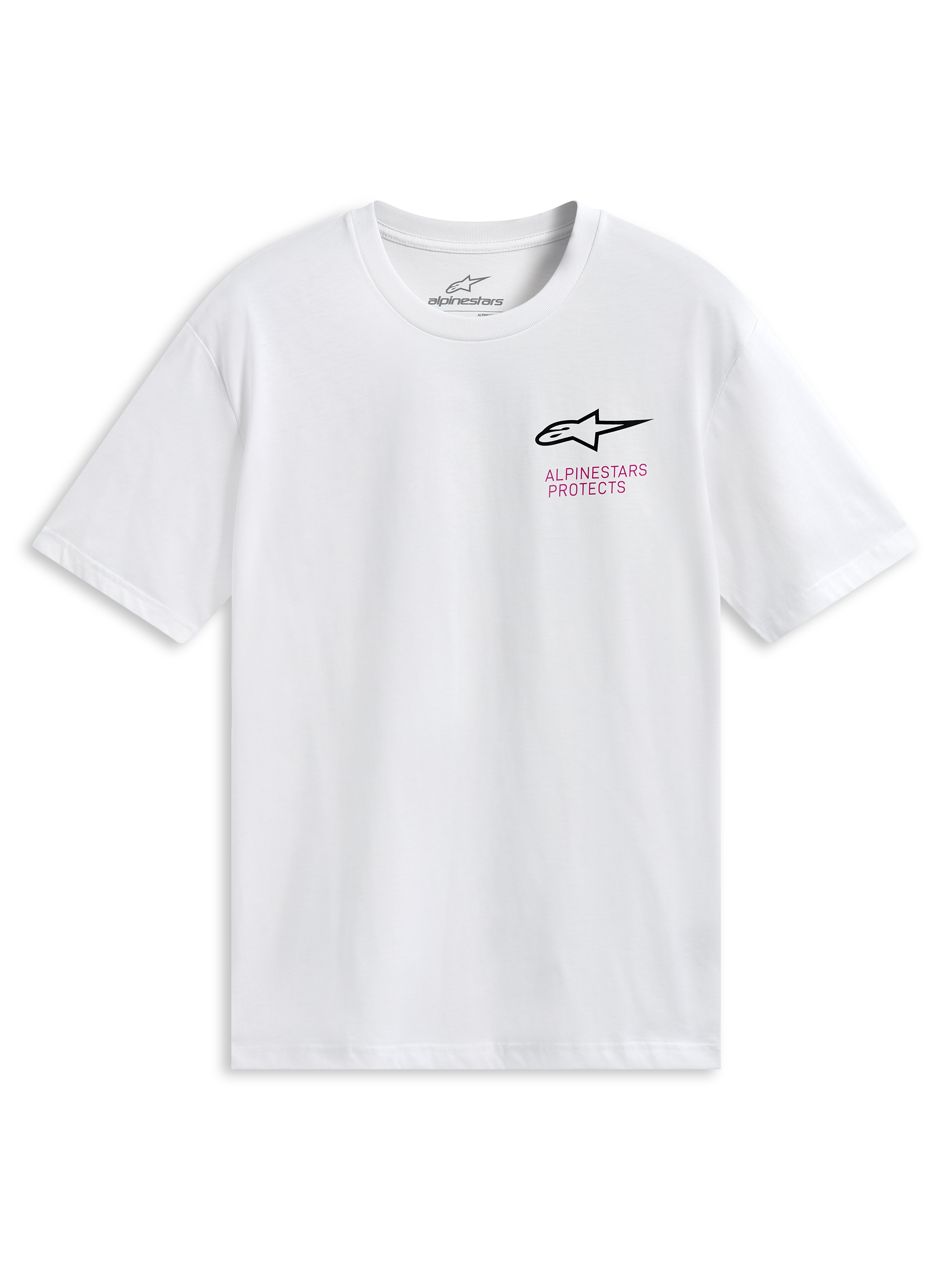 Alpinestars Pop Helmet CSF Tee, Kurzarm-T-Shirt, Weiß, mit Astars-Logo auf der Vorderseite und farbenfroher M10-Helm-Grafik auf der Rückseite, lässige Motorsport-Sportbekleidung