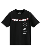 Alpinestars Abus CSF Tee, kurzärmeliges T-Shirt, Schwarz, gebogenes weißes Alpinestars-Logo mit roter Umrandung, mehrere gestapelte Grafiken einschließlich Racing Ahead und 1963, lässige Motorsport-Streetwear