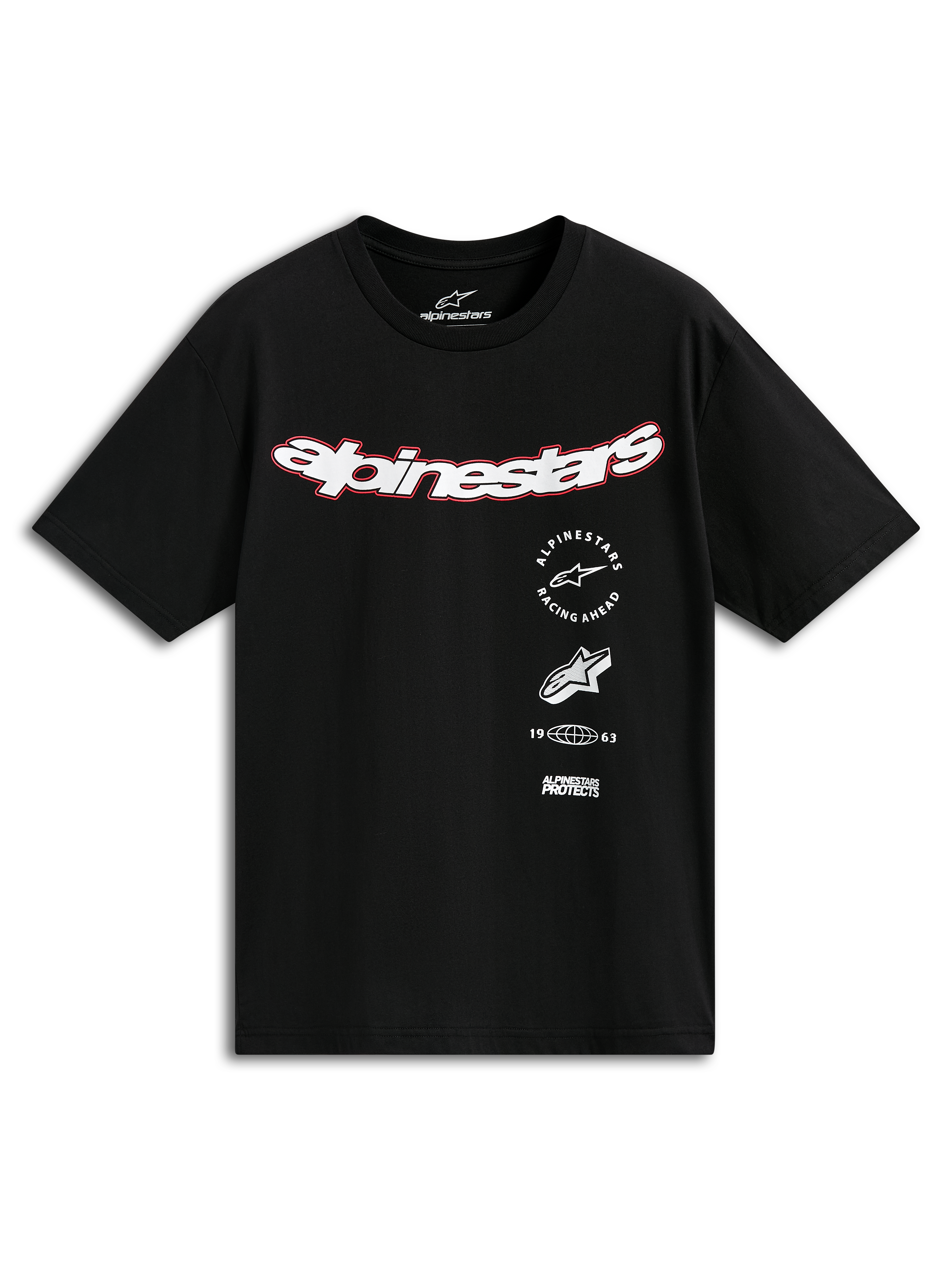 Alpinestars Abus CSF Tee, kurzärmeliges T-Shirt, Schwarz, gebogenes weißes Alpinestars-Logo mit roter Umrandung, mehrere gestapelte Grafiken einschließlich Racing Ahead und 1963, lässige Motorsport-Streetwear