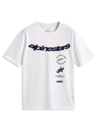 Alpinestars Abus CSF Tee, kurzärmeliges T-Shirt, Weiß, gebogenes navyblaues Alpinestars-Logo mit roter Umrandung, mehrere übereinander angeordnete Grafiken auf der Vorderseite, lässige Motorsport-Streetwear