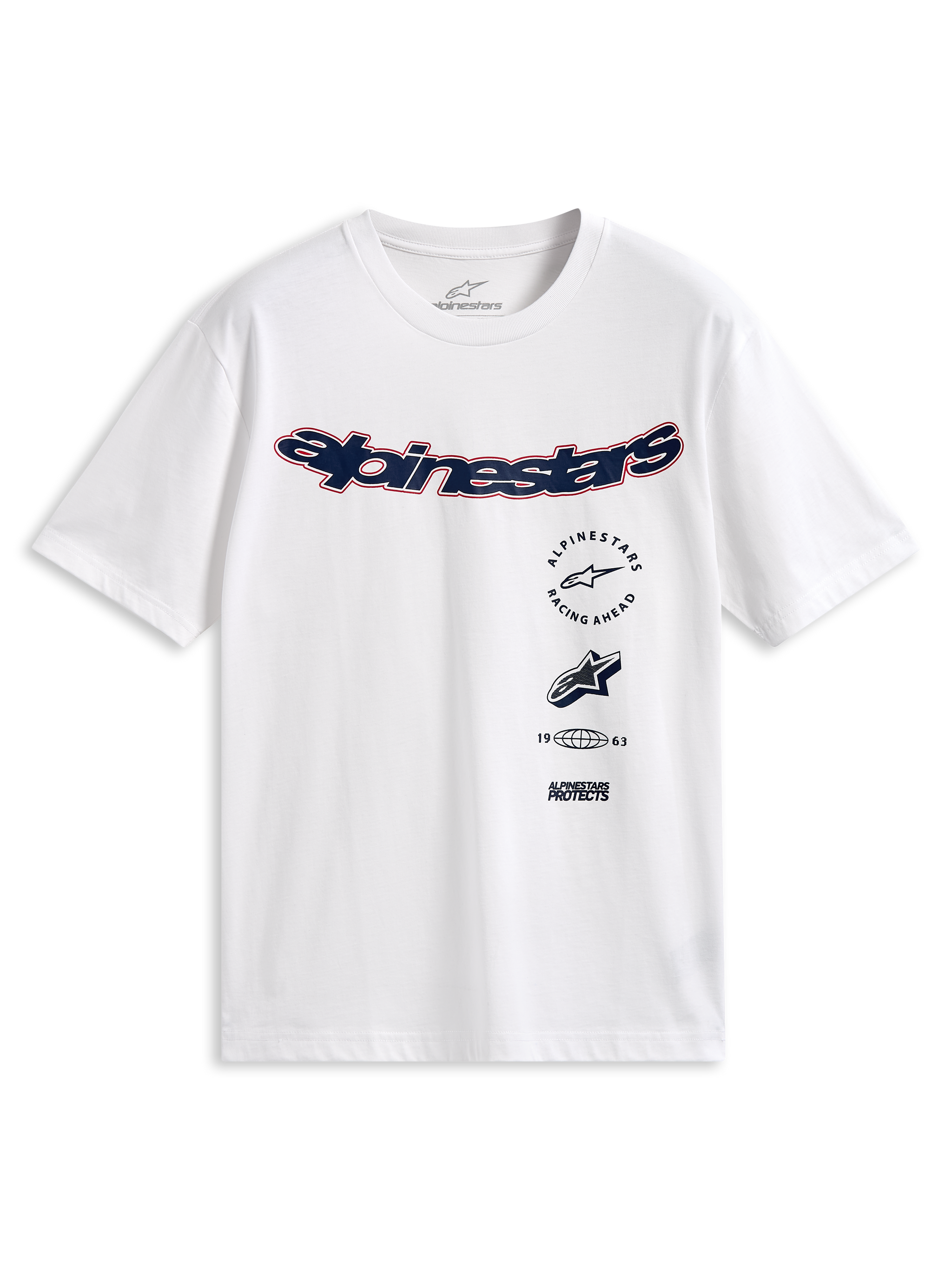 Alpinestars Abus CSF Tee, Short Sleeve T-Shirt, White, Curved Navy Alpinestars Logo with Red Outline, Multi Stacked Graphics on Front, Casual Motorsport Streetwear
