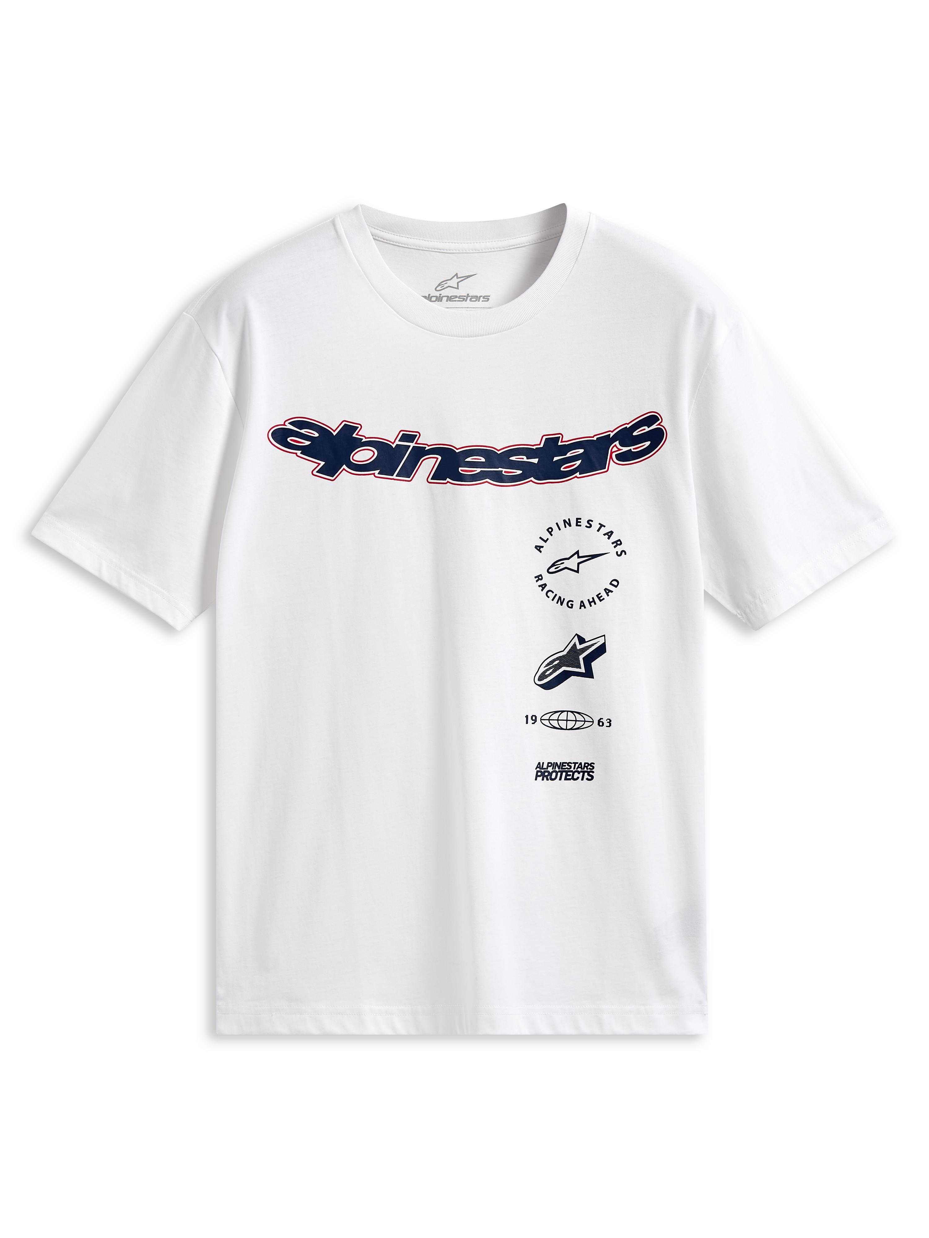 Alpinestars Abus CSF Tee, kurzärmeliges T-Shirt, Weiß, gebogenes navyblaues Alpinestars-Logo mit roter Umrandung, mehrere übereinander angeordnete Grafiken auf der Vorderseite, lässige Motorsport-Streetwear