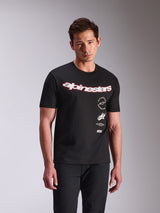 Alpinestars Abus CSF Tee, Short Sleeve T-Shirt, Black, White Alpinestars Curved Logo with Red Outline, Stacked Side Graphics, Casual Motorsport Streetwear
