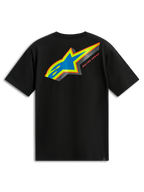 Alpinestars Angler CSF Tee, Kurzarm-T-Shirt, Schwarz, Rückansicht mit mehrfarbigem Astars-Logo mit blau perforierter Füllung und „Racing Ahead“-Schriftzug, lässige Motorsport-Streetwear