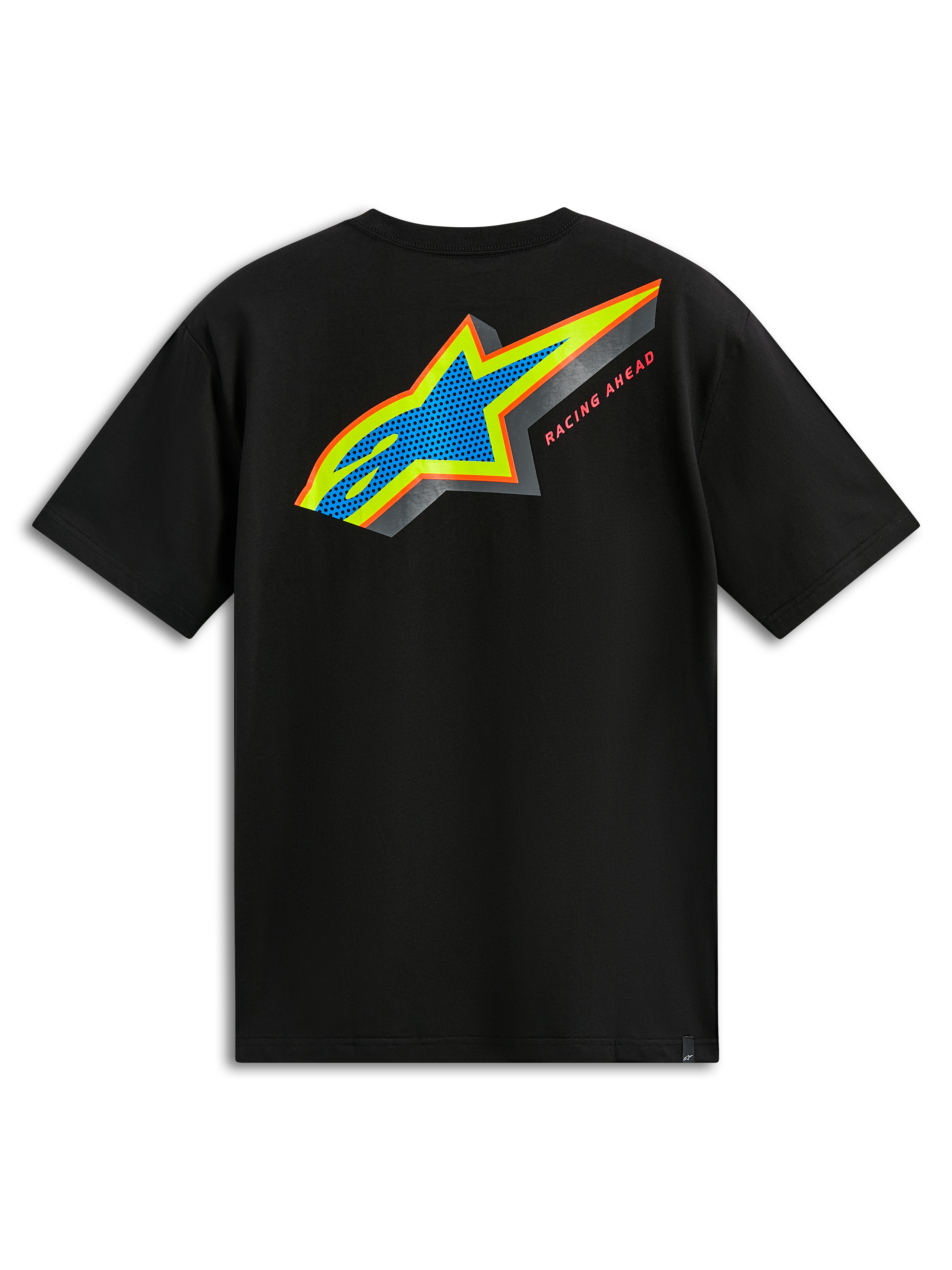 Alpinestars Angler CSF Tee, Kurzarm-T-Shirt, Schwarz, Rückansicht mit mehrfarbigem Astars-Logo mit blau perforierter Füllung und „Racing Ahead“-Schriftzug, lässige Motorsport-Streetwear