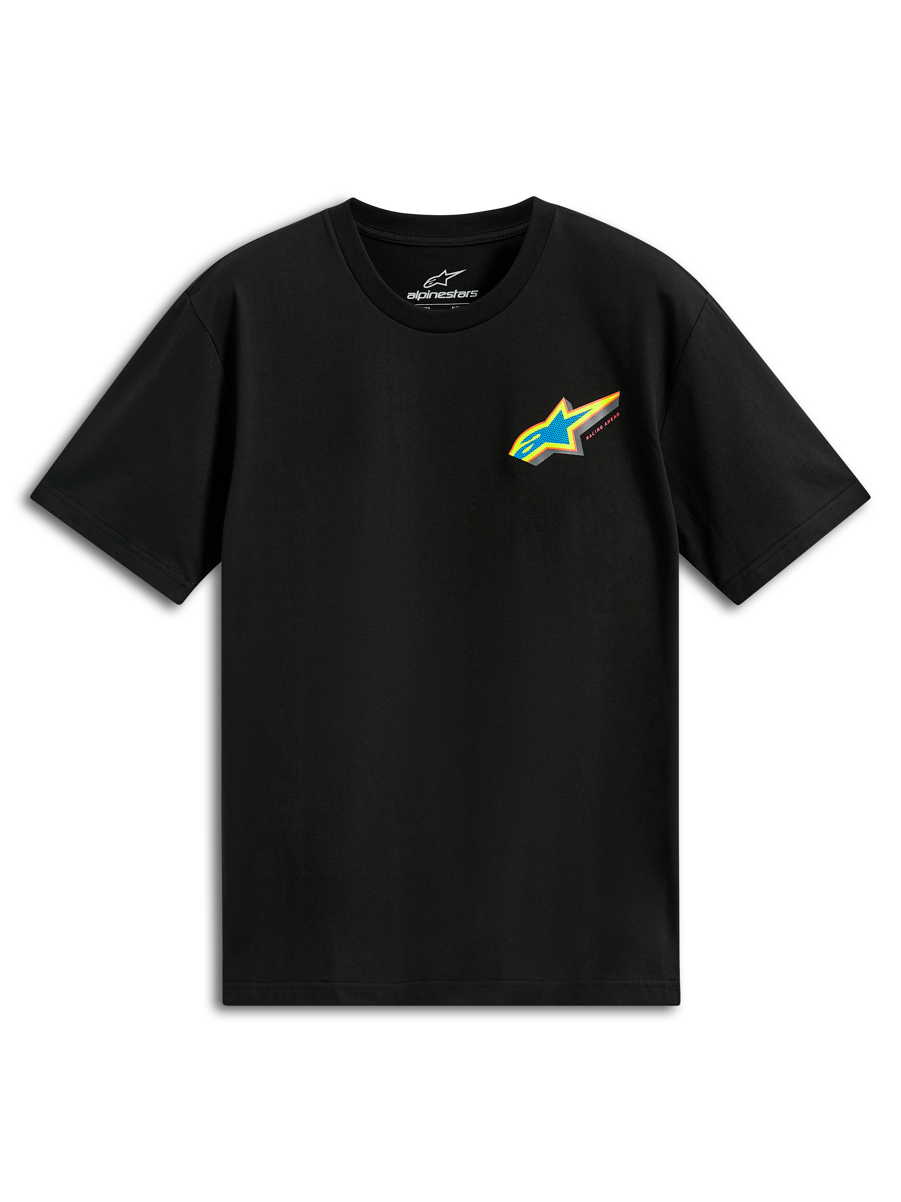 Alpinestars Angler CSF T-Shirt, Kurzärmeliges T-Shirt, Schwarz, lebendiges mehrfarbiges Astars-Logo mit blauem Stern und gelbem Rand auf der Brust, lässige Motorsport-Streetwear