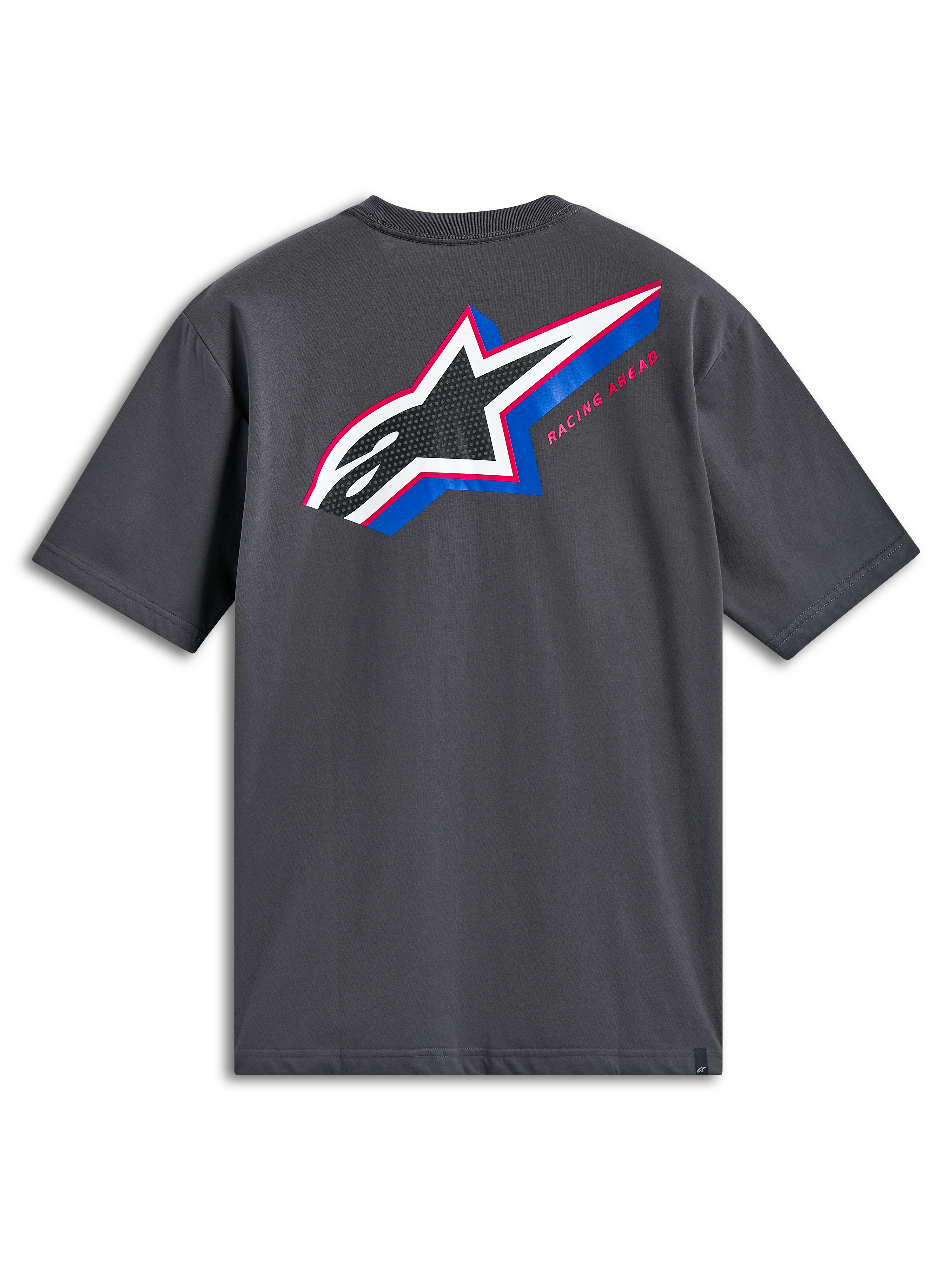 Alpinestars Angler CSF Tee, Kurzarm-T-Shirt, Anthrazitgrau, Rückansicht mit großem mehrfarbigem Astars-Logo mit perforierter Füllung, blauen und pinken Akzenten und „Racing Ahead“-Schriftzug, lässige Motorsport-Streetwear