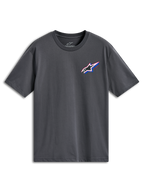 Alpinestars Angler CSF Tee, Kurzarm-T-Shirt, Anthrazitgrau, mehrfarbiges Astars-Logo auf der linken Brust mit roten und blauen Akzenten, Casual Motorsport Streetwear