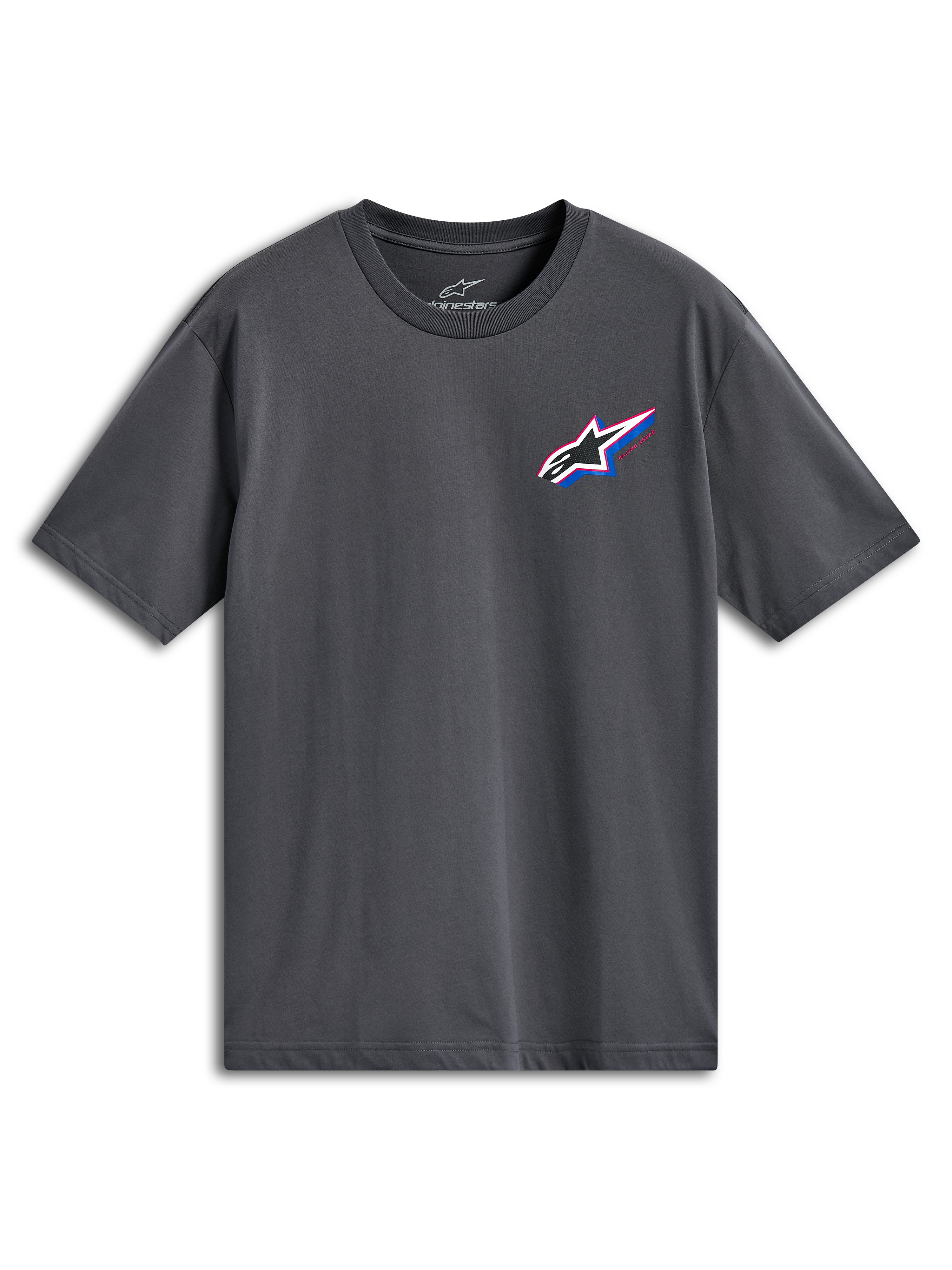 Alpinestars Angler CSF Tee, Kurzarm-T-Shirt, Anthrazitgrau, mehrfarbiges Astars-Logo auf der linken Brust mit roten und blauen Akzenten, Casual Motorsport Streetwear