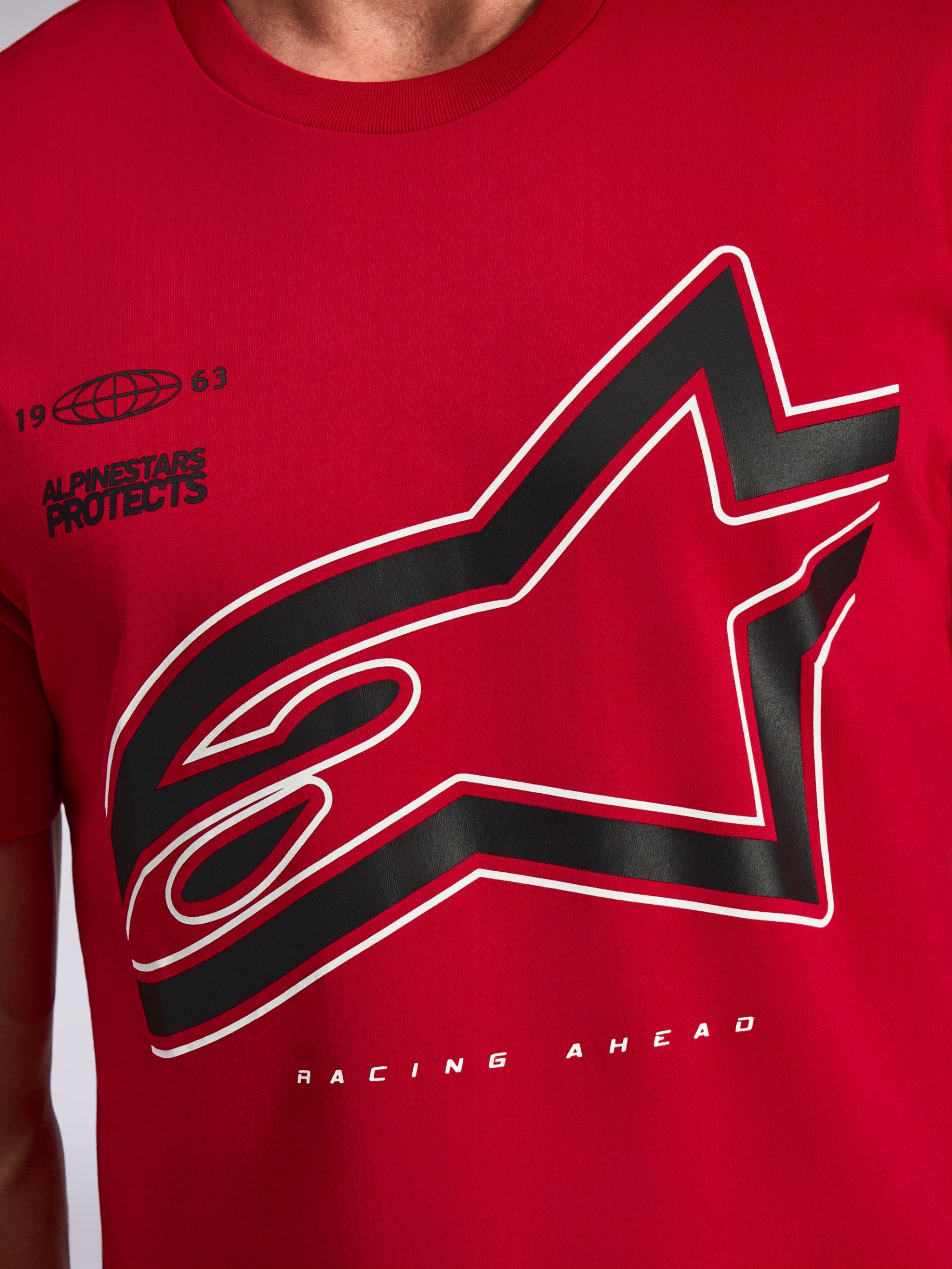 Alpinestars Authority CSF Tee, Short Sleeve T-Shirt, Red, large cropped Astars logo with black and white outline, including 'Alpinestars Protects' and 'Racing Ahead' text, casual motorsport streetwear