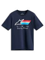 Alpinestars Trifecta CSF T-Shirt, Kurzarm-T-Shirt, Marineblau, weißes Astars-Logo mit roten, grauen und cyanfarbenen Streifen, „GOAL ONE VISION“ und „Racing Ahead“ Schriftzug, lässige Motorsport-Streetwear