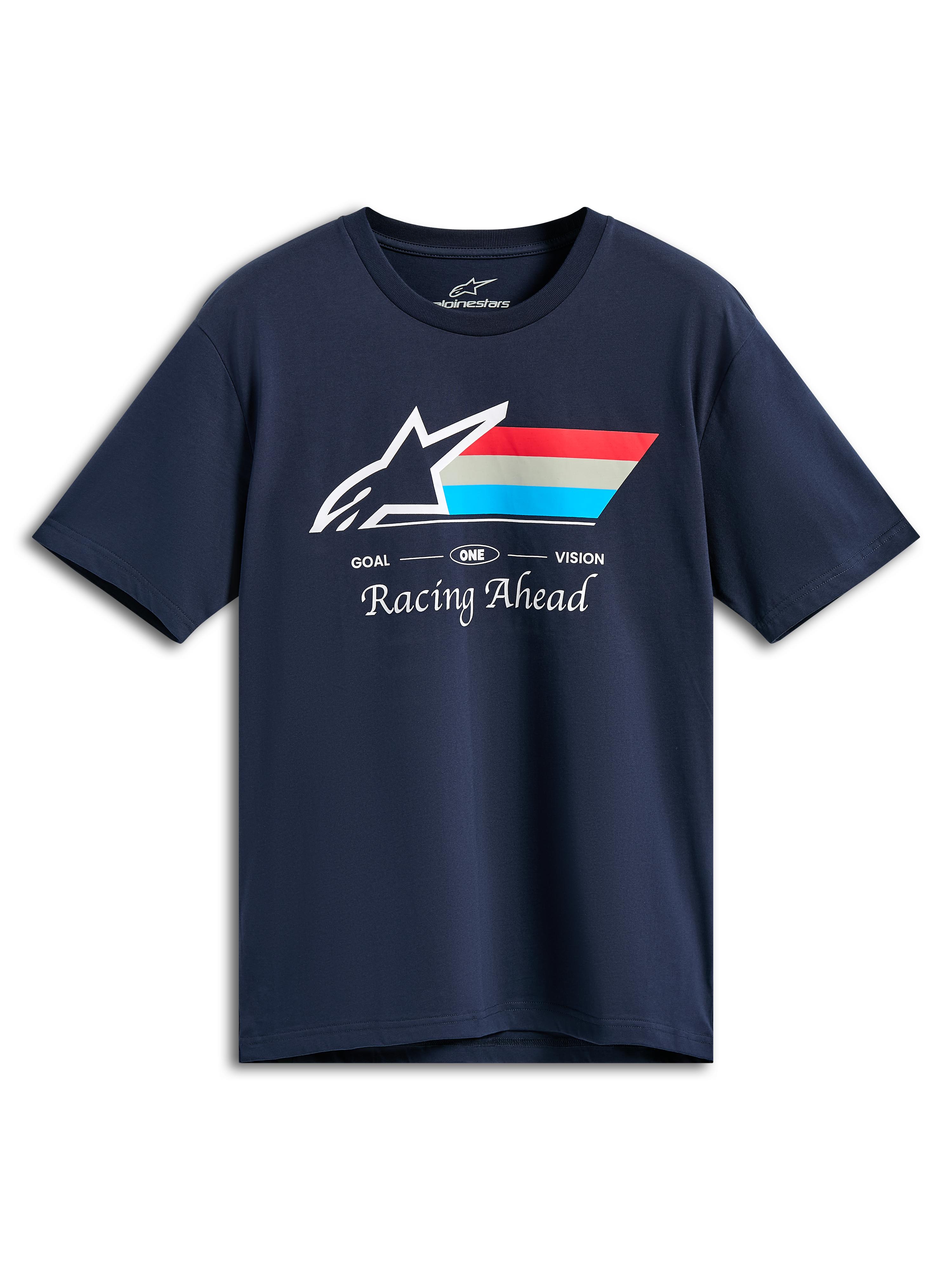 Alpinestars Trifecta CSF T-Shirt, Kurzarm-T-Shirt, Marineblau, weißes Astars-Logo mit roten, grauen und cyanfarbenen Streifen, „GOAL ONE VISION“ und „Racing Ahead“ Schriftzug, lässige Motorsport-Streetwear