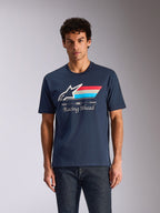 Alpinestars Trifecta CSF T-Shirt, kurzärmeliges T-Shirt, Marineblau, weißes Astars-Logo mit dreifarbigen Streifen in Rot, Weiß und Blau, „Racing Ahead“-Grafik, lässige Motorsport-Streetwear
