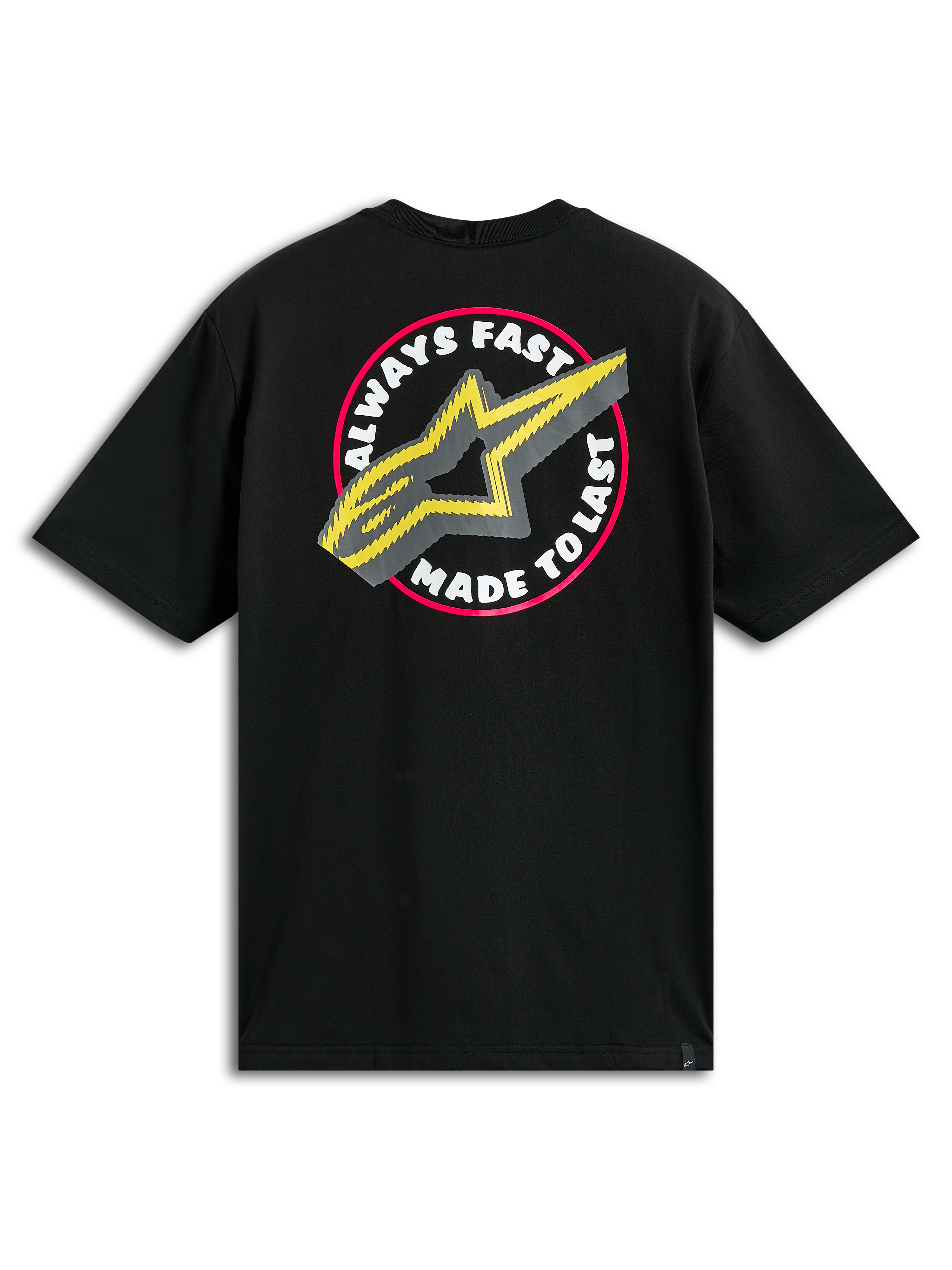 Alpinestars Aorbit CSF Tee, Kurzarm-T-Shirt, Schwarz, große kreisförmige Rückengrafik mit „Always Fast Made to Last“-Schriftzug und gelbem A-Star-Logo, lässige Motorsport-Streetwear