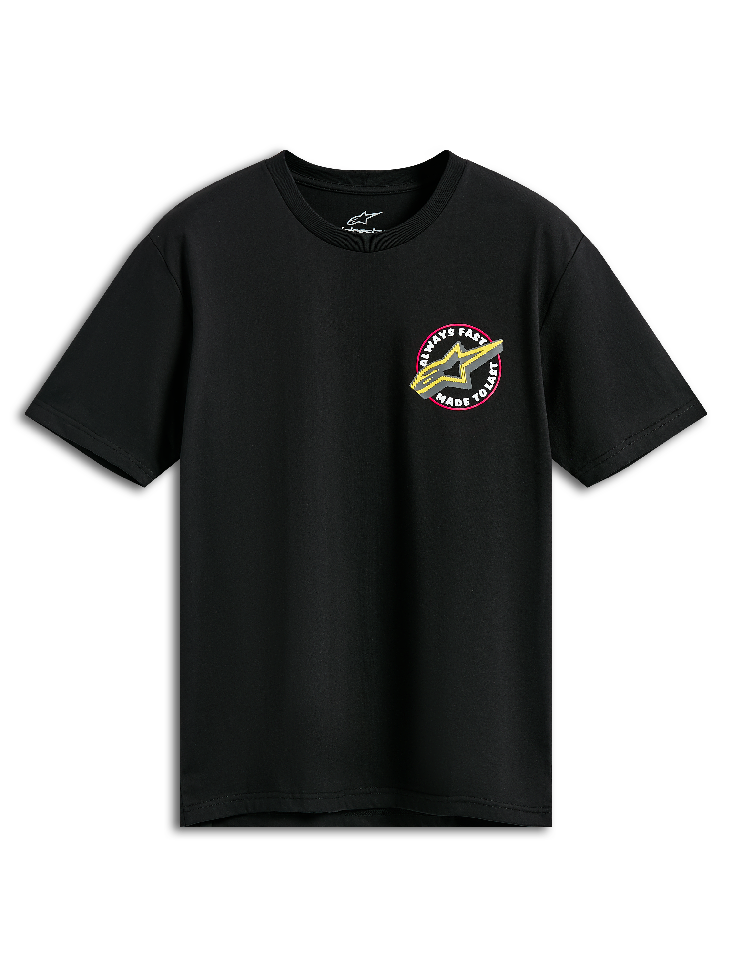 Alpinestars Aorbit CSF Tee, Kurzarm-T-Shirt, Schwarz, pinkfarbenes und gelbes Astars-Logo mit „Always Fast Made to Last“-Grafik, lässige Motorsport-Sportbekleidung