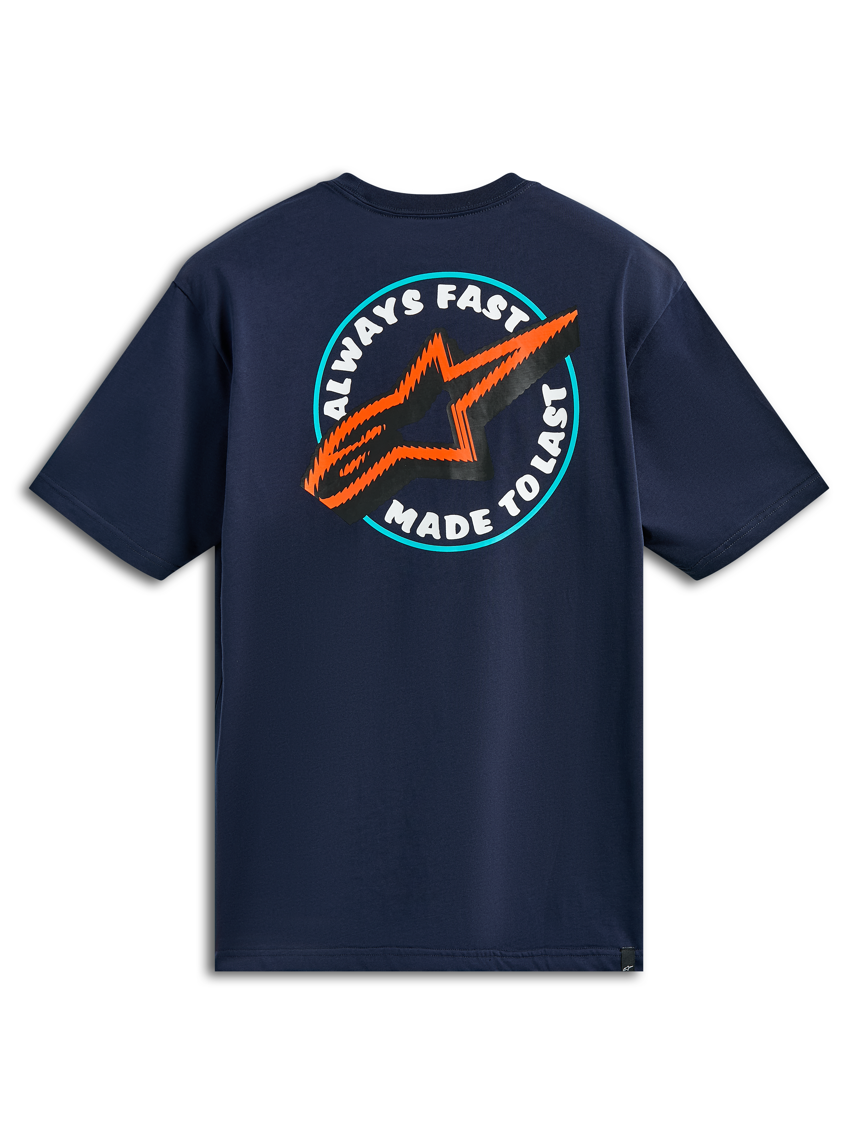 Alpinestars Aorbit CSF Tee, Kurzarm-T-Shirt, Marineblau, Rückansicht mit kreisförmiger Always Fast Made to Last Grafik und orange-schwarzem Stern-Logo, lässige Motorsport-Streetwear