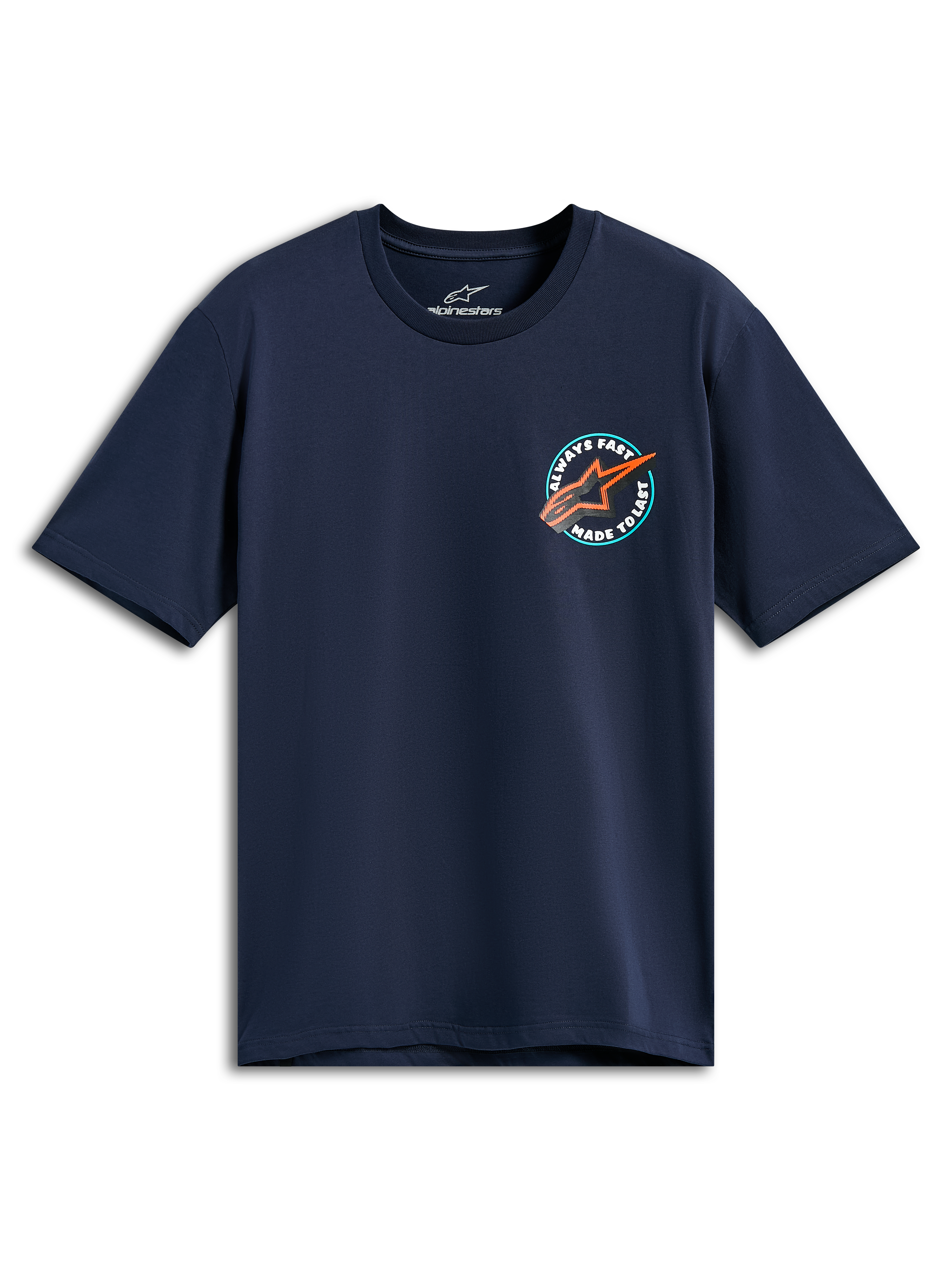 Alpinestars Aorbit CSF Tee, kurzärmeliges T-Shirt, Marineblau, kreisförmige Brustgrafik mit orangem Astars-Logo und „Always Fast Made to Last“-Schriftzug, lässige Motorsport-Sportbekleidung