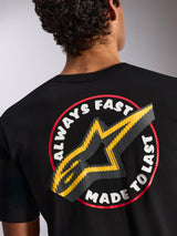 Alpinestars Aorbit CSF Tee, Short Sleeve T-Shirt, Black, back detail featuring Always Fast Made to Last graphic with yellow star logo, casual motorsport-inspired streetwear