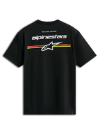 Alpinestars Lanes CSF Tee, kurzärmeliges T-Shirt, Schwarz, weiße Alpinestars und Astars Logos mit orangefarbenen und gelben horizontalen Streifen auf der Rückseite, lässige Motorsport-Streetwear