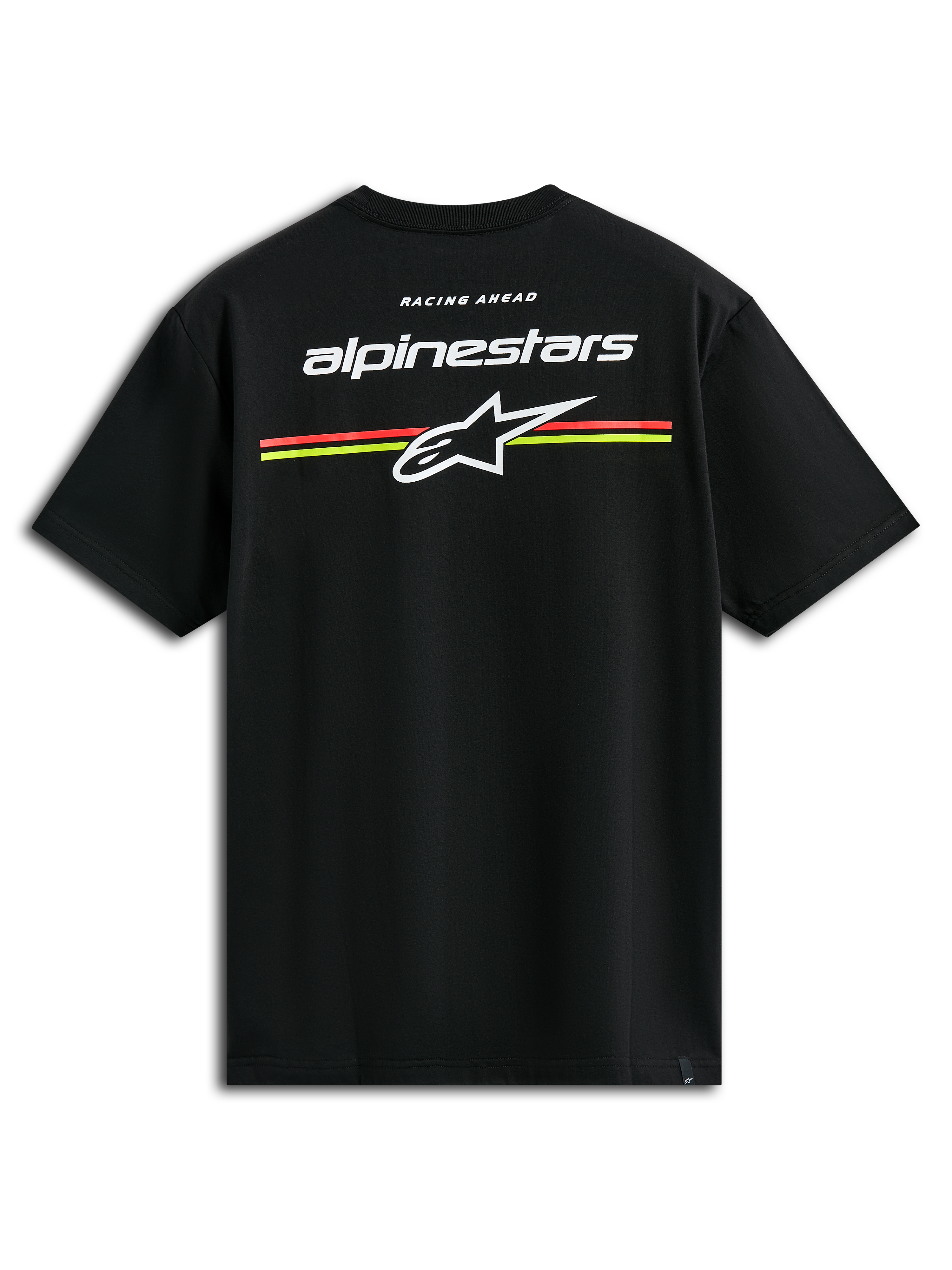 Alpinestars Lanes CSF Tee, kurzärmeliges T-Shirt, Schwarz, weiße Alpinestars und Astars Logos mit orangefarbenen und gelben horizontalen Streifen auf der Rückseite, lässige Motorsport-Streetwear