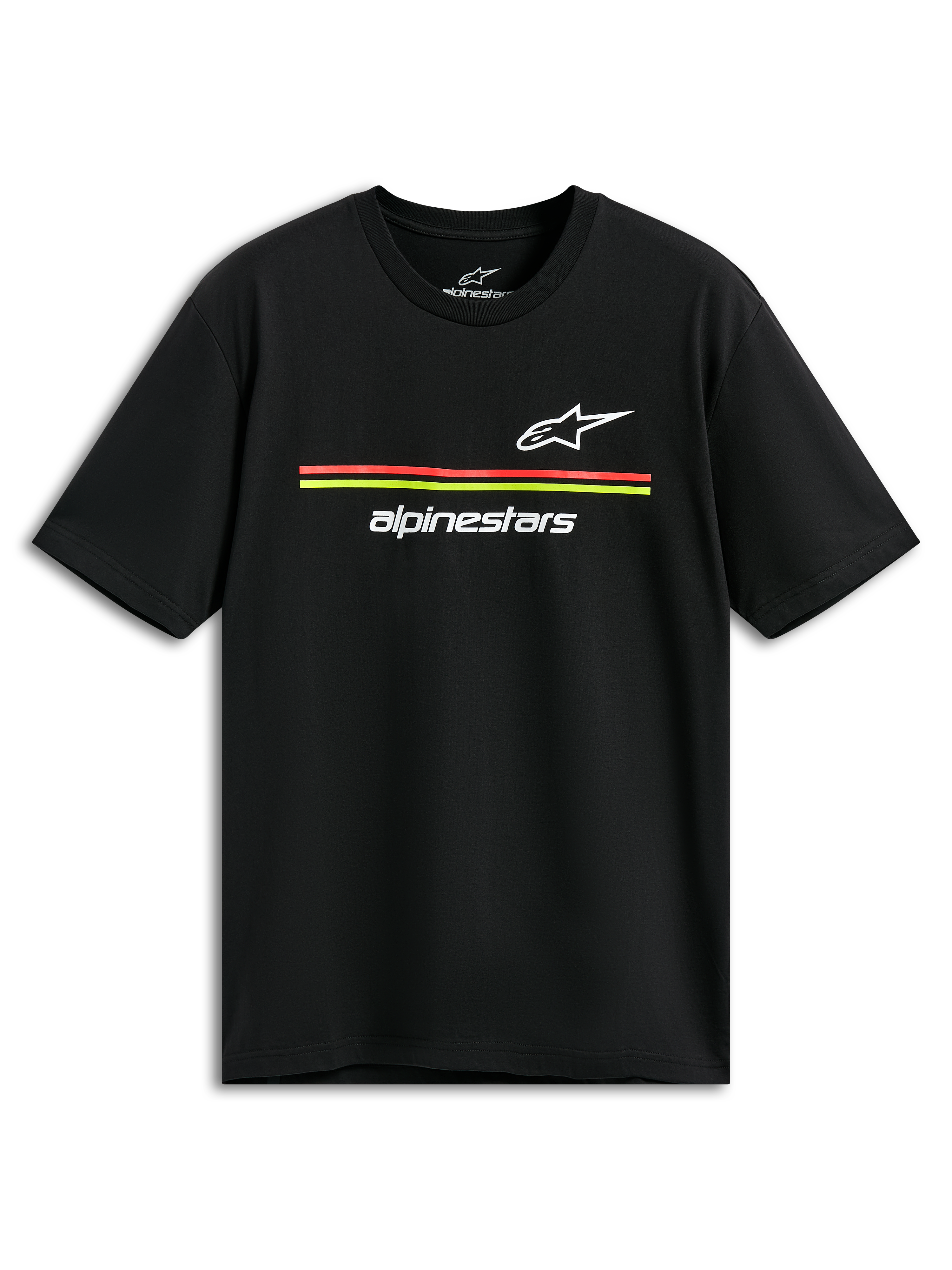Alpinestars Lanes CSF Tee, Kurzarm-T-Shirt, Schwarz, weiße Astars- und Alpinestars-Logos mit roten und gelben Streifen, lässige Motorsport-Streetwear