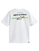 Alpinestars Lanes CSF Tee, Short Sleeve T-Shirt, White, featuring Alpinestars wordmark and Astars logo over blue and lime green stripes on the back, Casual Motorsport Streetwear