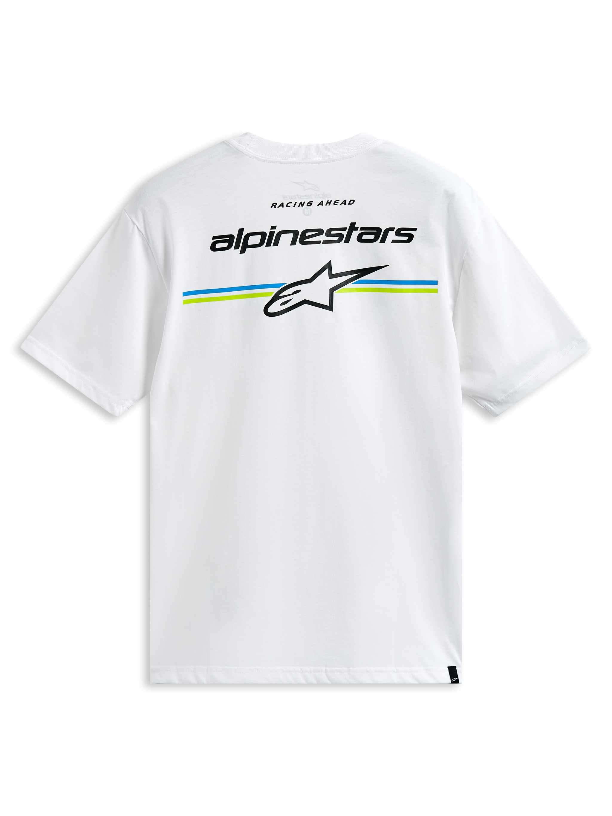 Alpinestars Lanes CSF Tee, Short Sleeve T-Shirt, White, featuring Alpinestars wordmark and Astars logo over blue and lime green stripes on the back, Casual Motorsport Streetwear