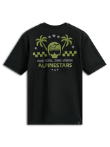 Alpinestars Order CSF Tee, Short Sleeve T-Shirt, Black, Olive Green and Grey Graphic with Helmet and Palm Trees, One Goal One Vision Text, Casual Motorsport Sportswear
