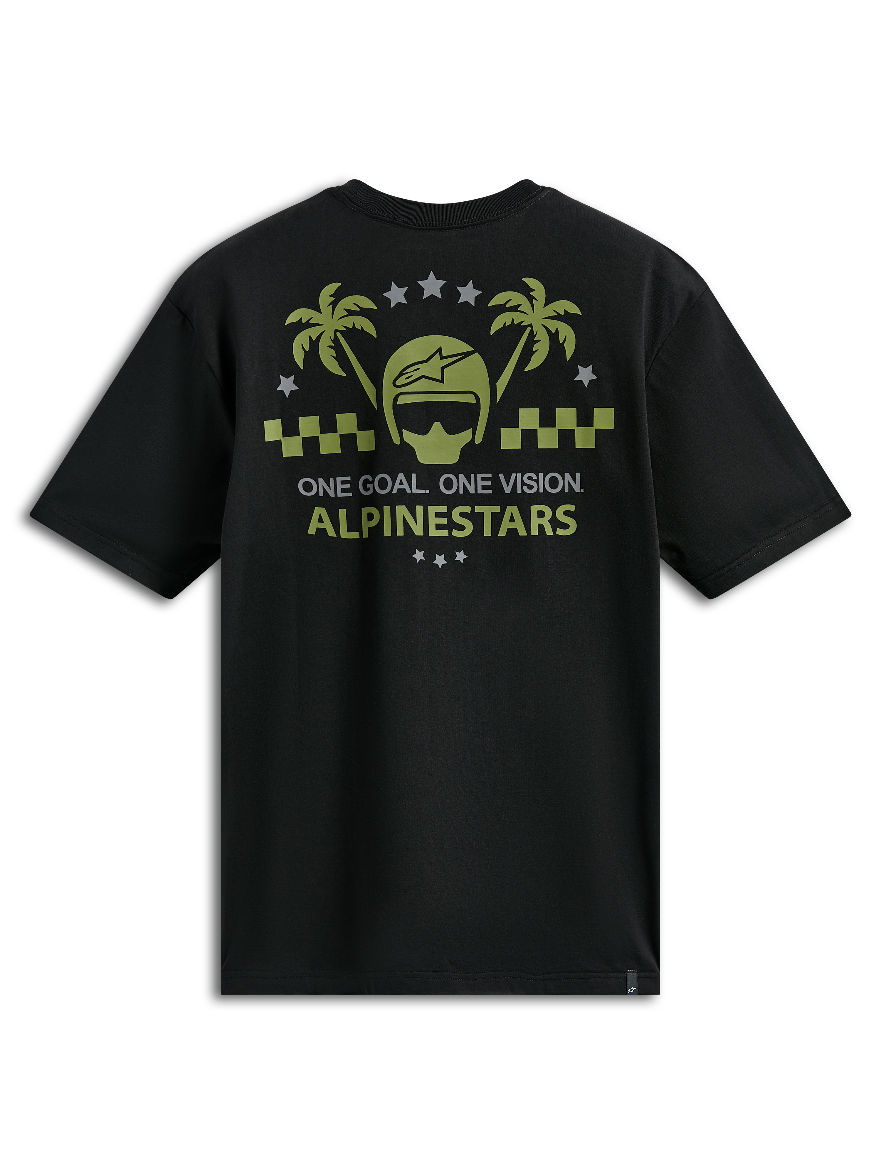 Alpinestars Order CSF T-Shirt, Kurzarm-T-Shirt, Schwarz, olivgrüne und graue Grafik mit Helm und Palmen, „One Goal One Vision“-Schriftzug, lässige Motorsport-Sportbekleidung