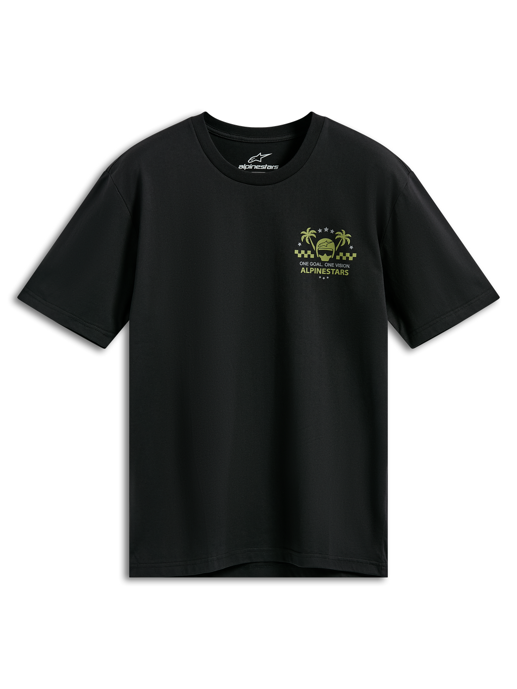 Alpinestars Order CSF T-Shirt, Kurzarm-Shirt, Schwarz, gelbe und grüne Brustgrafik mit Helm und Palmen, „One Goal One Vision“-Schriftzug, lässige Motorsport-Streetwear