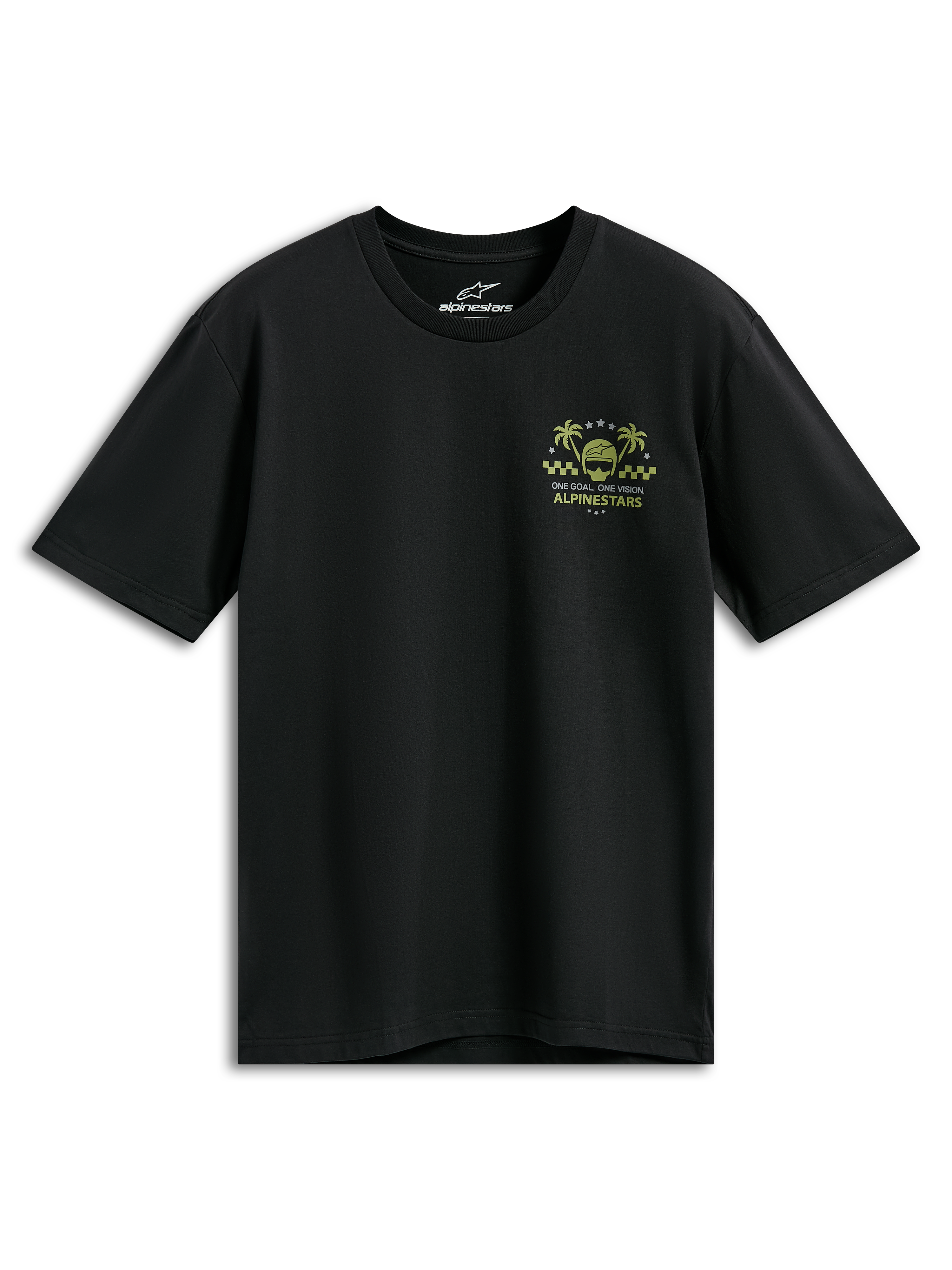 Alpinestars Order CSF T-Shirt, Kurzarm-Shirt, Schwarz, gelbe und grüne Brustgrafik mit Helm und Palmen, „One Goal One Vision“-Schriftzug, lässige Motorsport-Streetwear