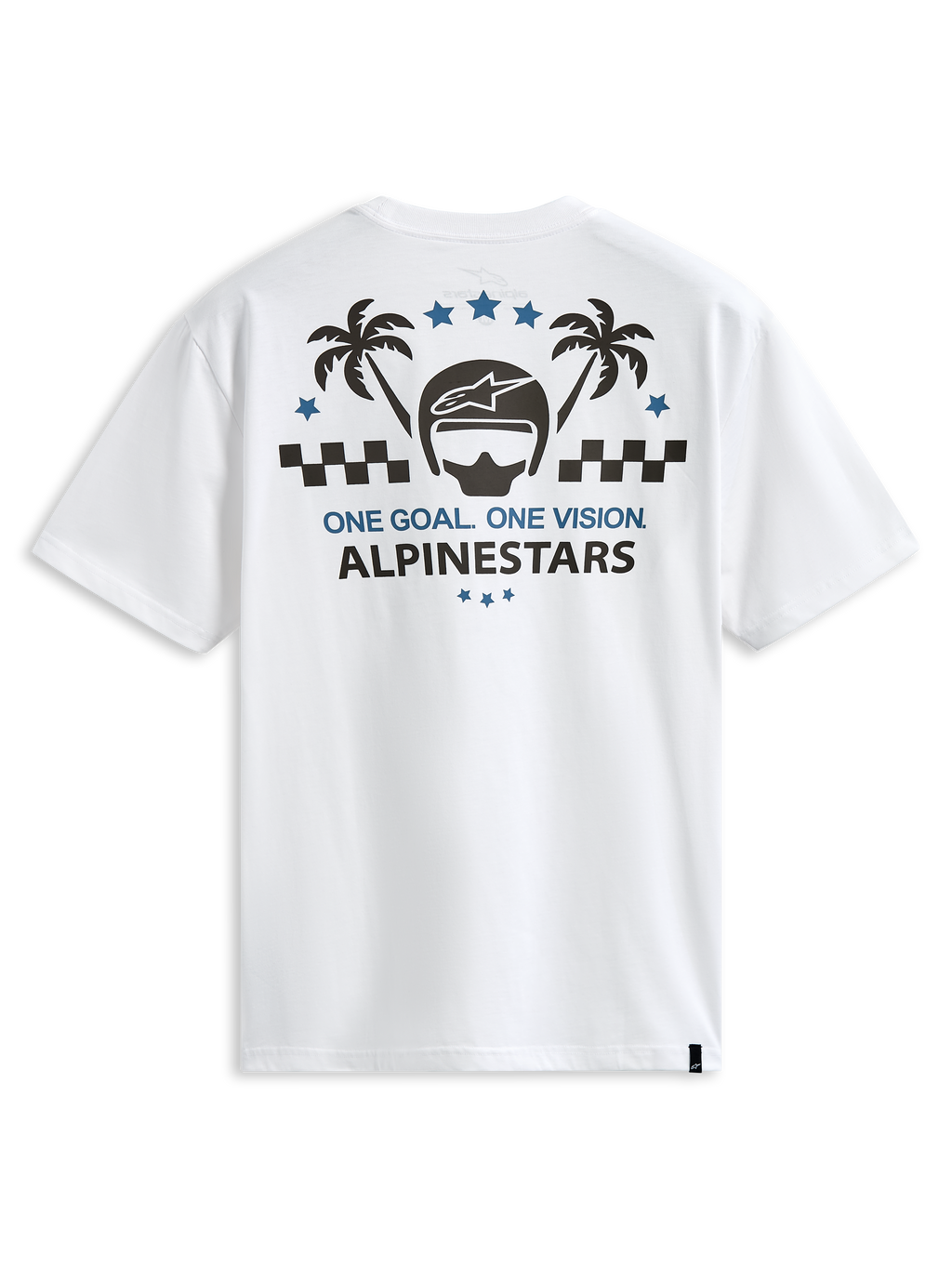Alpinestars Order CSF Tee, kurzärmeliges T-Shirt, Weiß, Rückengrafik mit Helm und Palmen, „One Goal One Vision“-Schriftzug, lässige Motorsport-Streetwear