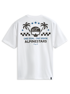 Alpinestars Order CSF Tee, kurzärmeliges T-Shirt, Weiß, Rückengrafik mit Helm und Palmen, „One Goal One Vision“-Schriftzug, lässige Motorsport-Streetwear
